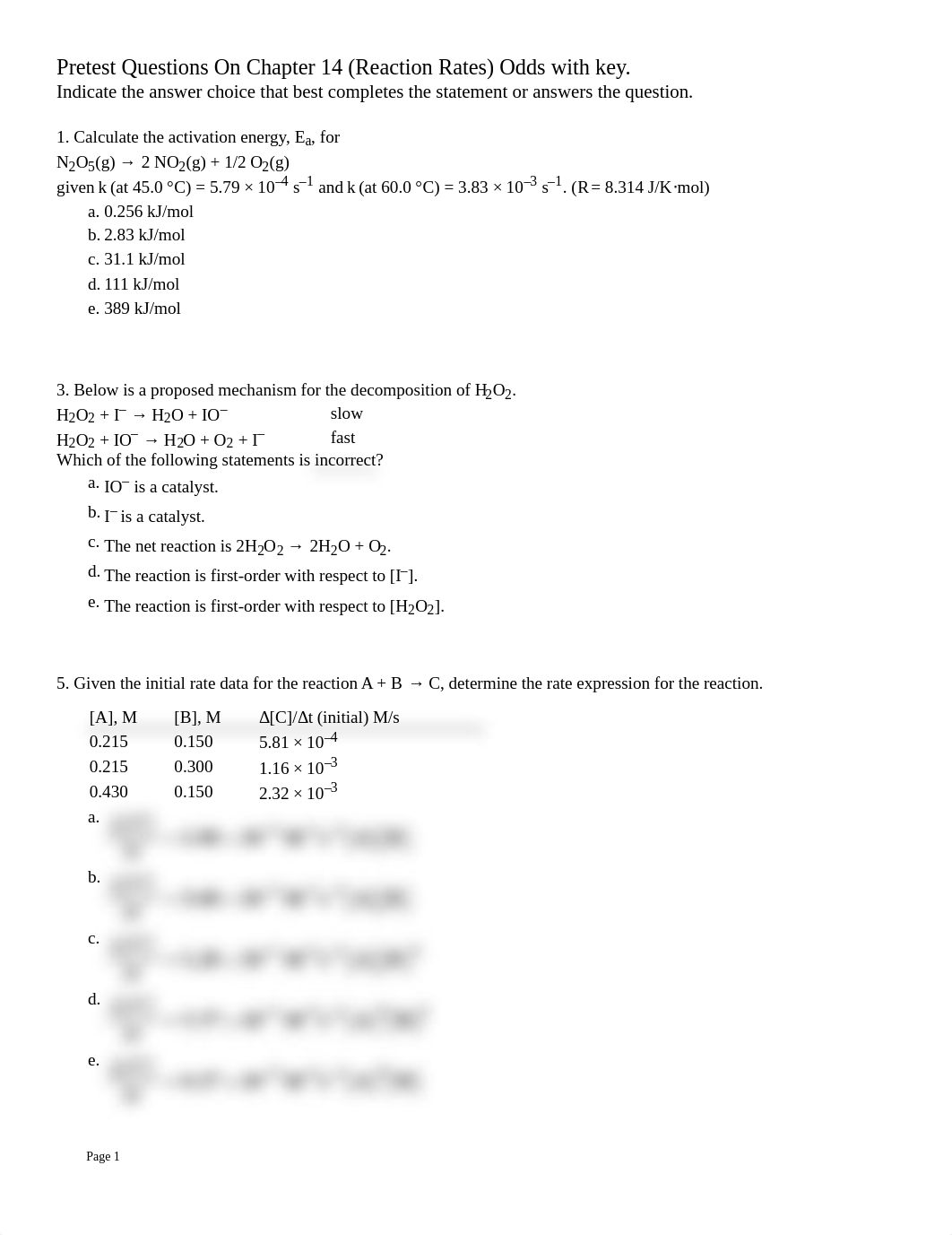 Pretest Ch 14 Chemical Kinetics Odds with key.pdf_d01s61avmat_page1