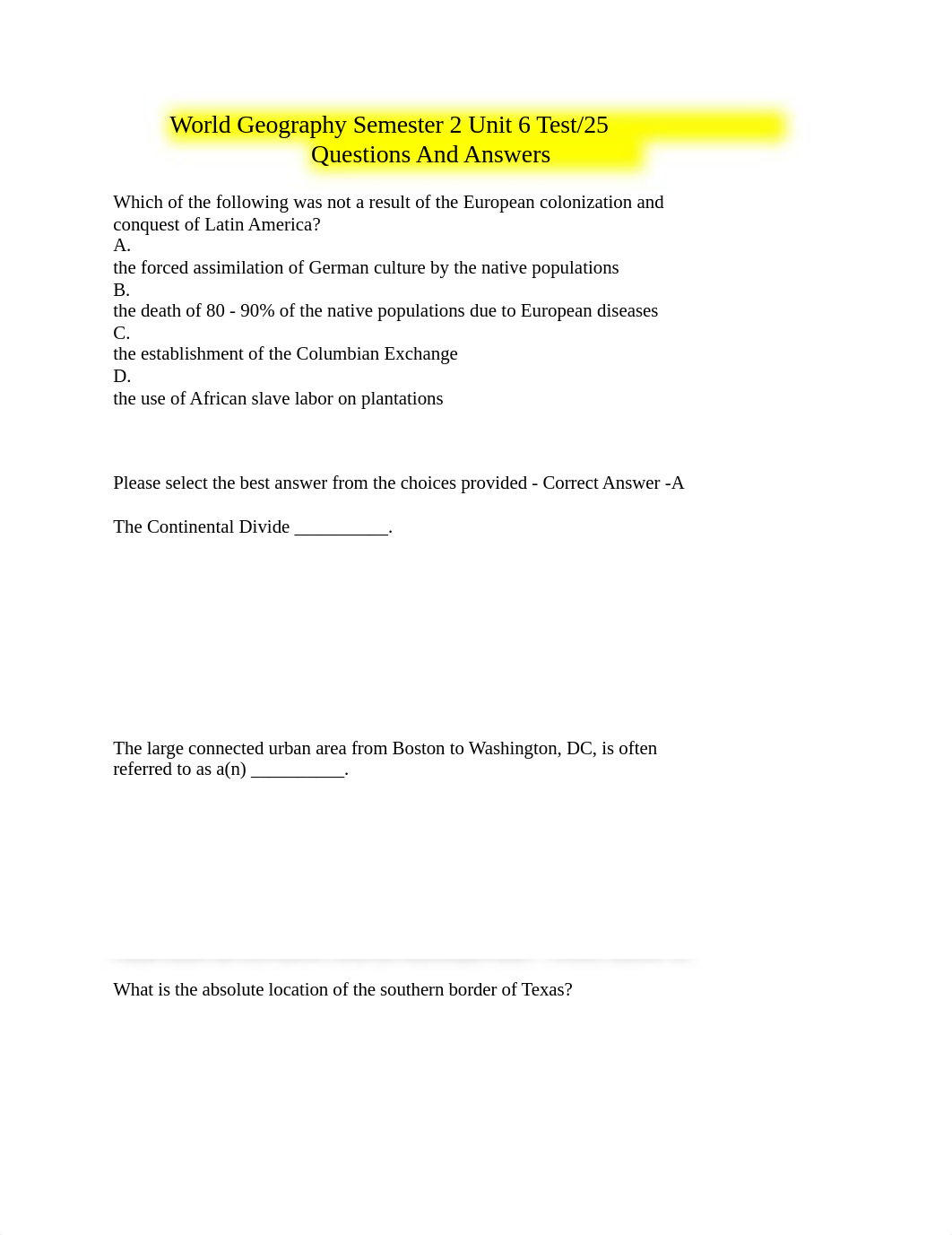 World Geography Semester 2 Unit 6 Test.docx_d03sgi1vhow_page1