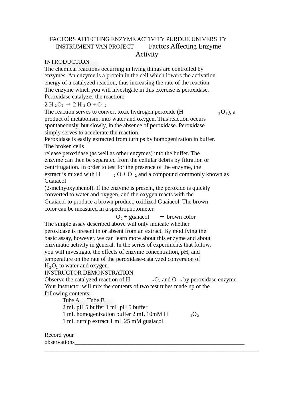 FACTORS AFFECTING ENZYME ACTIVITY PURDUE UNIVERSITY INSTRUMENT VAN PROJECT Factors Affecting Enzyme_d067j7twq45_page1