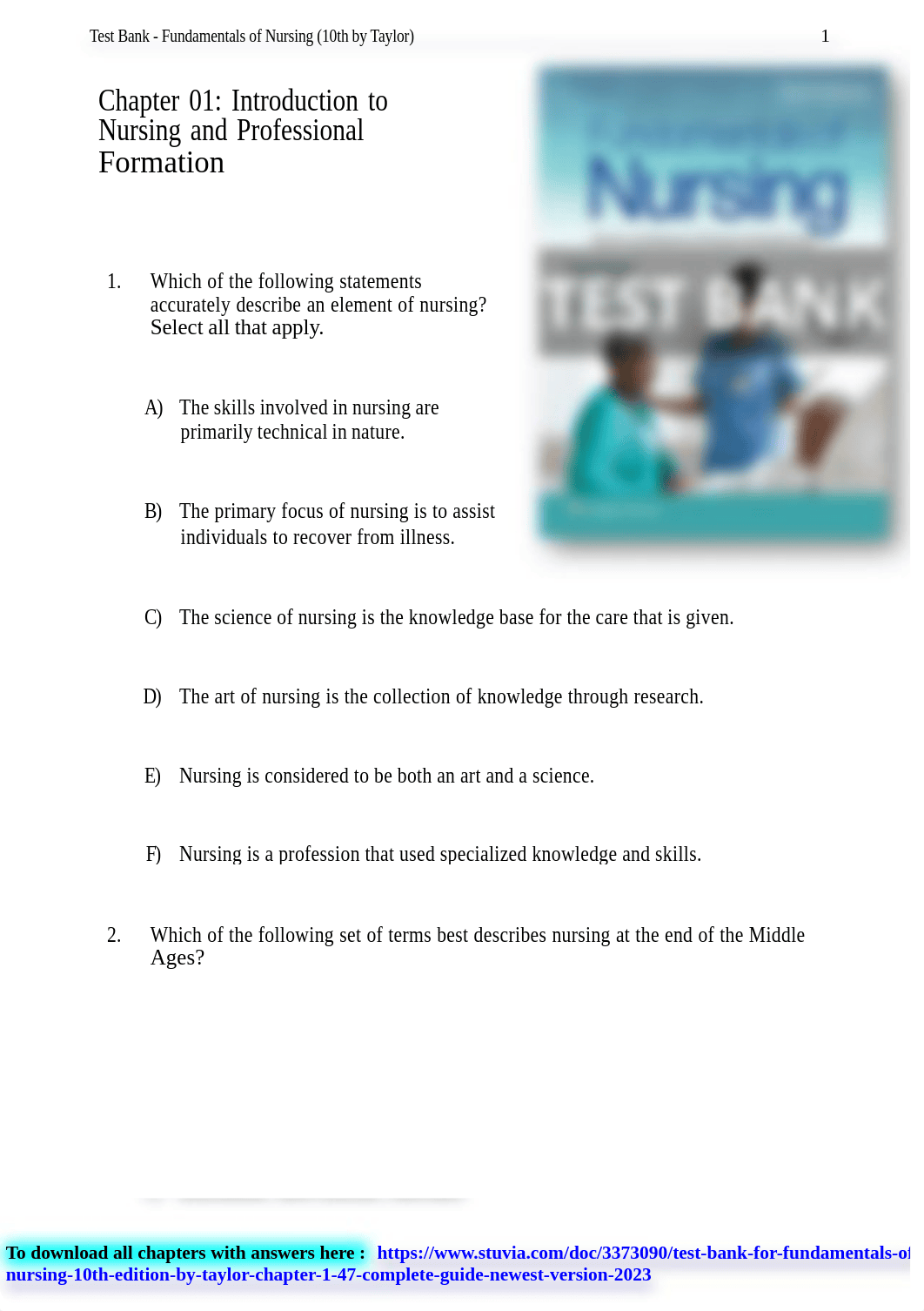 Test Bank  Fundamentals of Nursing 10th Edition by Taylor.pdf_d08cmwaavmo_page1