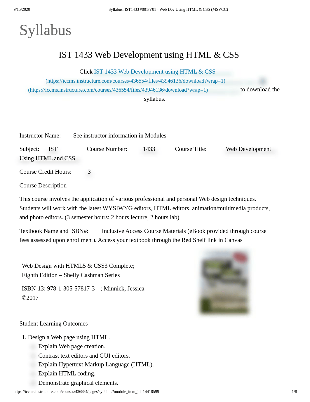 Syllabus_ IST1433 #001_V01 - Web Dev Using HTML & CSS (MSVCC).pdf_d0dbitcaejy_page1
