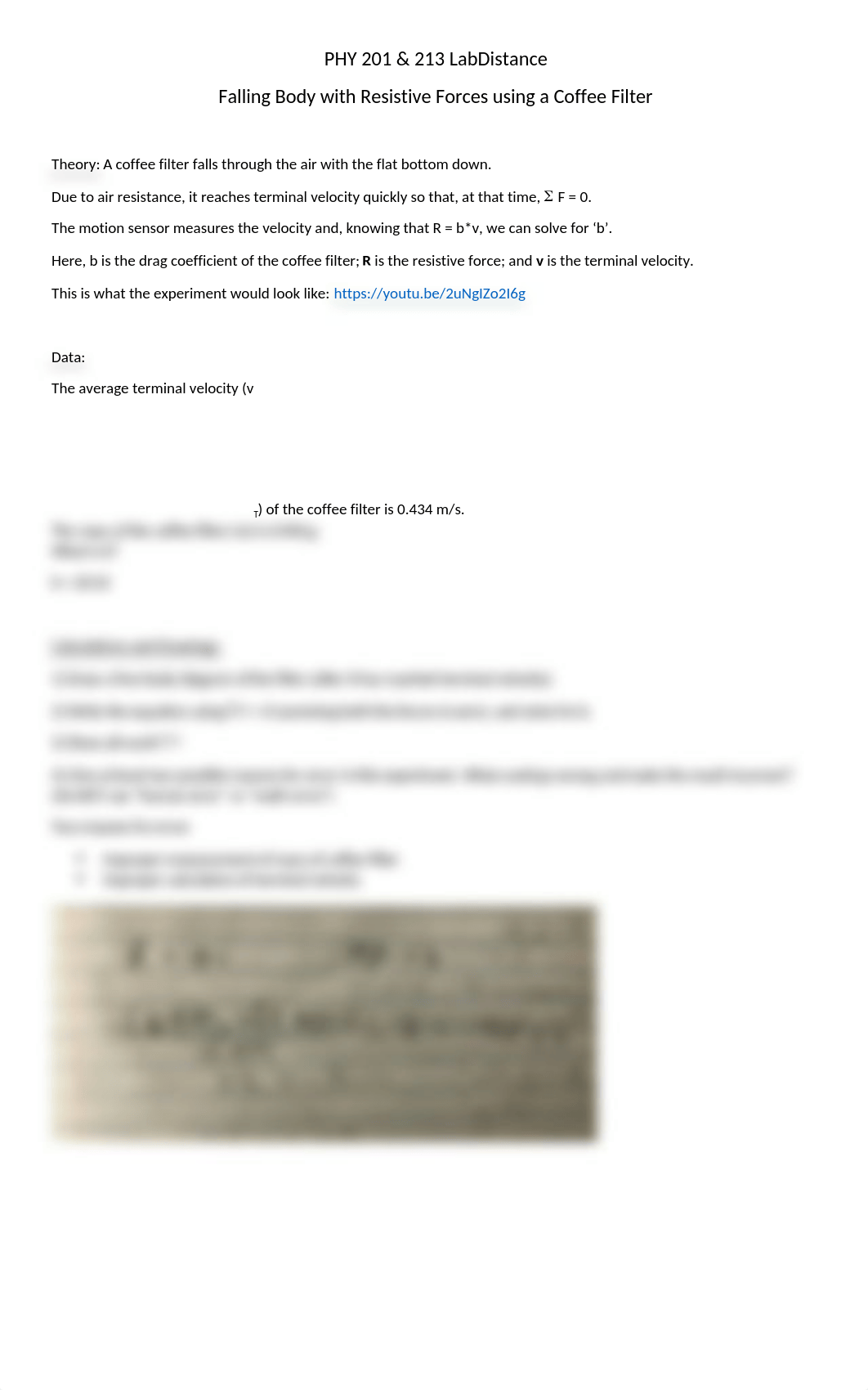 Falling Body w. Resistive Forces Distance Lab Using Coffee Filter.docx_d0enjouhm67_page1