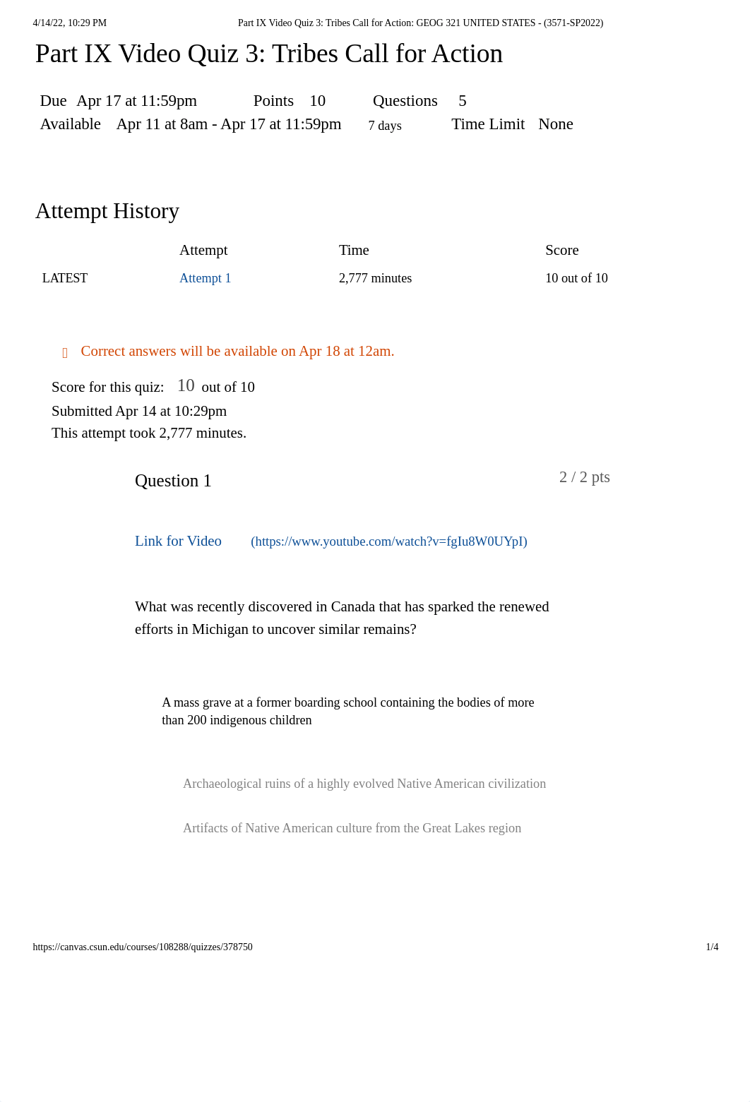 Part IX Video Quiz 3_ Tribes Call for Action_ GEOG 321 UNITED STATES - (3571-SP2022).pdf_d0fgl45agie_page1