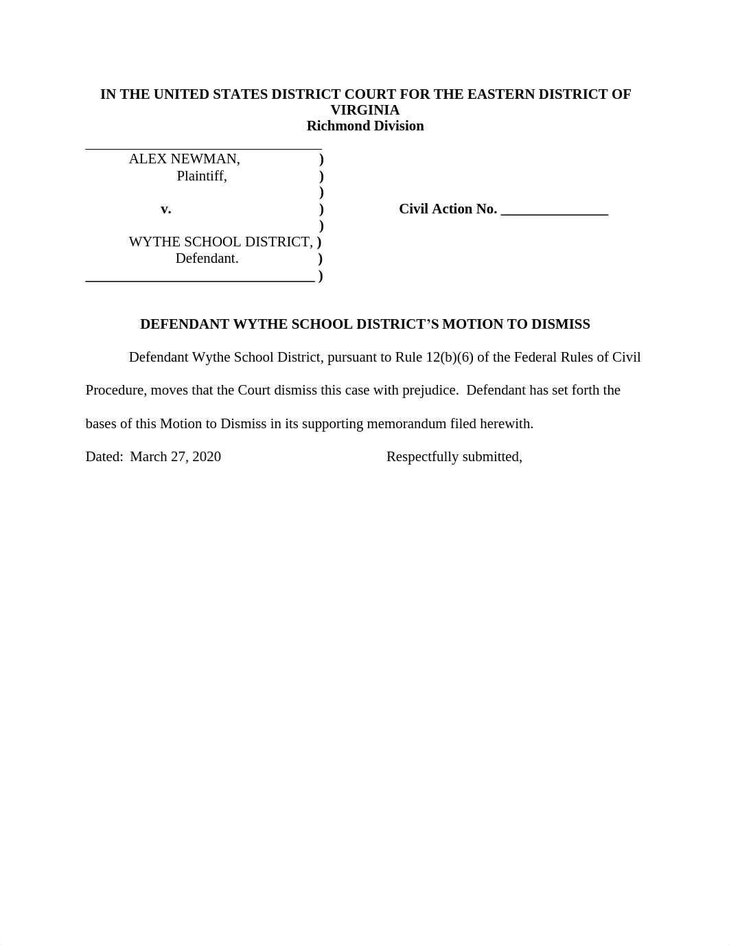 Defendant Wythe School District's Motion to Dismiss (3-27-20) (1).pdf_d0fn644ijct_page1