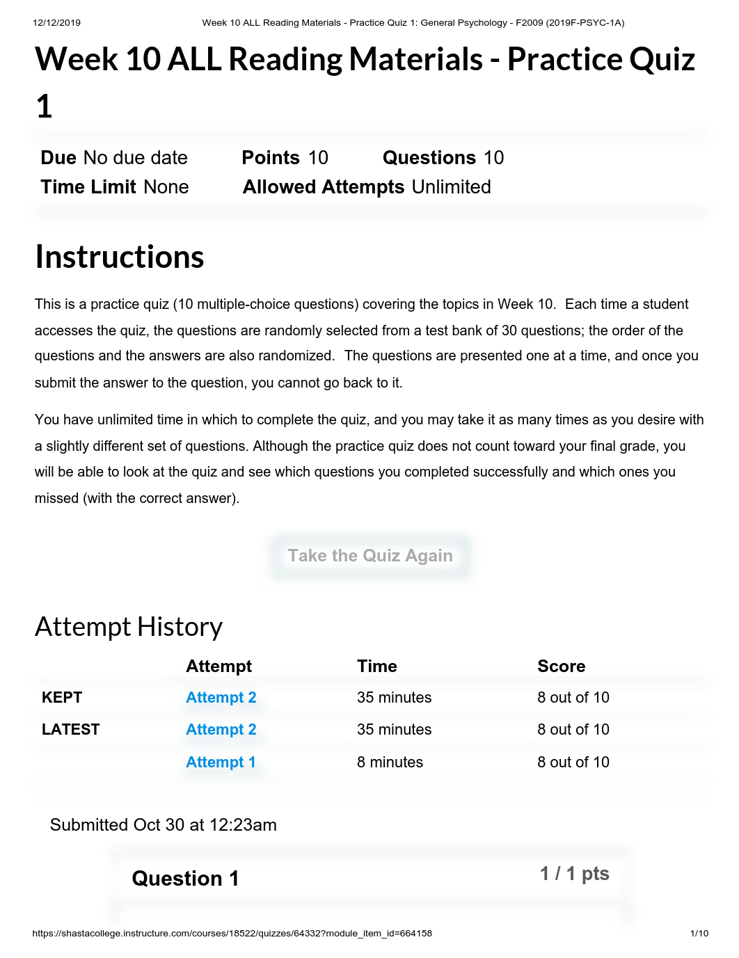 Week 10 ALL Reading Materials - Practice Quiz 1_ General Psychology - F2009 (2019F-PSYC-1A).pdf_d0gswbiahir_page1