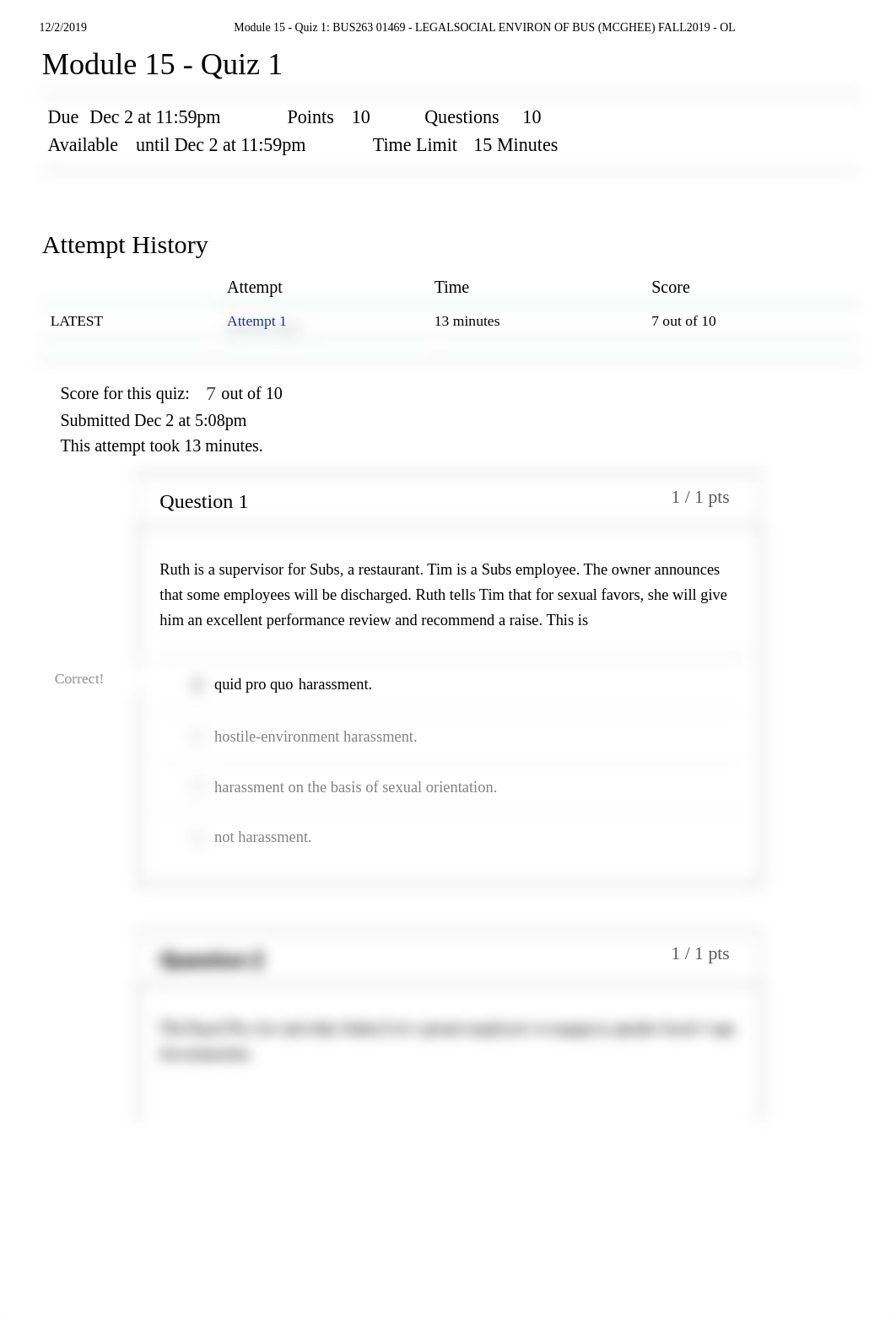 Module 15 - Quiz 1_ BUS263 01469 - LEGALSOCIAL ENVIRON OF BUS (MCGHEE) FALL2019 - OL.pdf_d0hun4bhk5d_page1