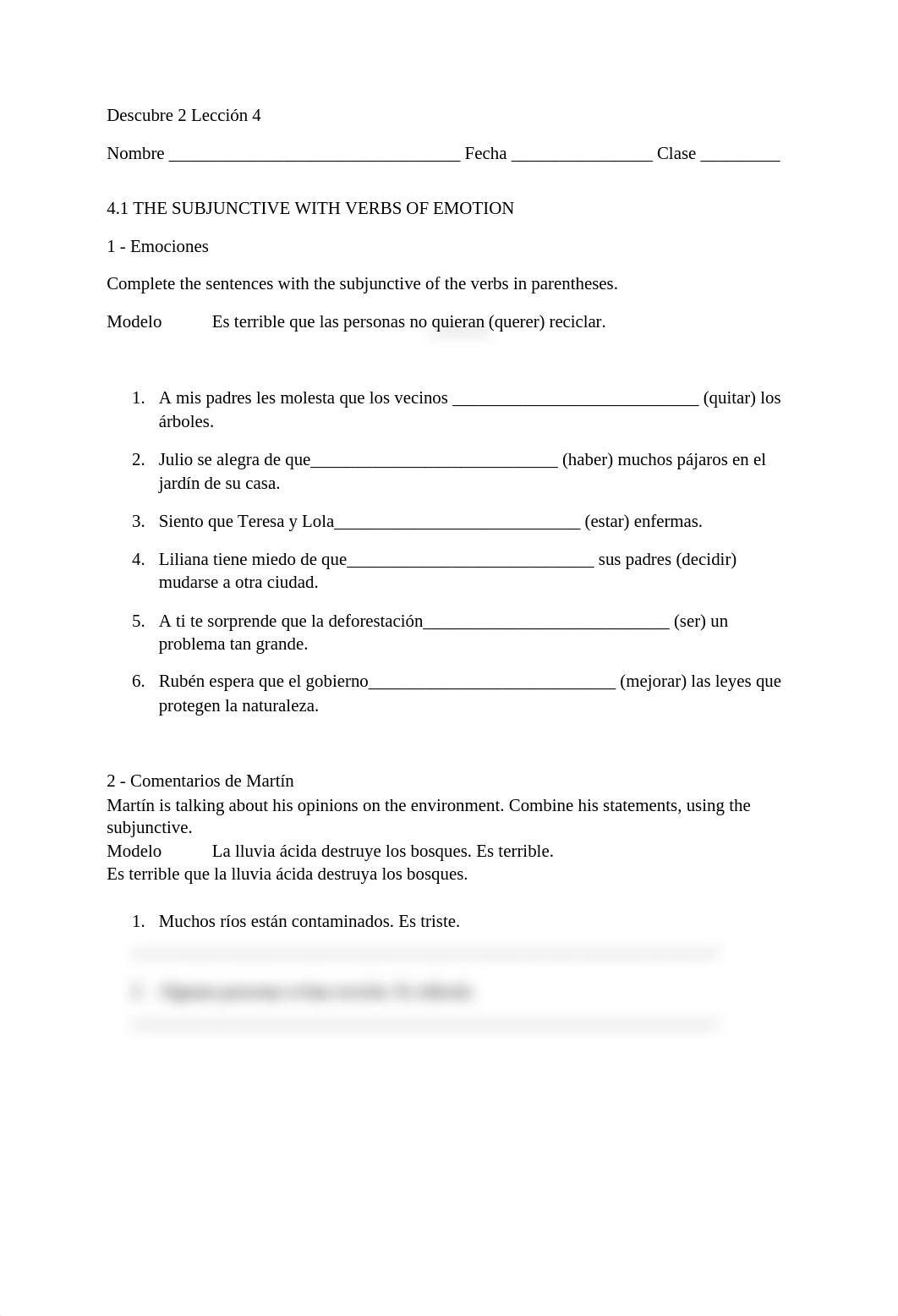 Descubre 2 Leccion 4.1 THE SUBJUNCTIVE WITH VERBS OF EMOTION Packet.doc_d0iy8yw29sw_page1