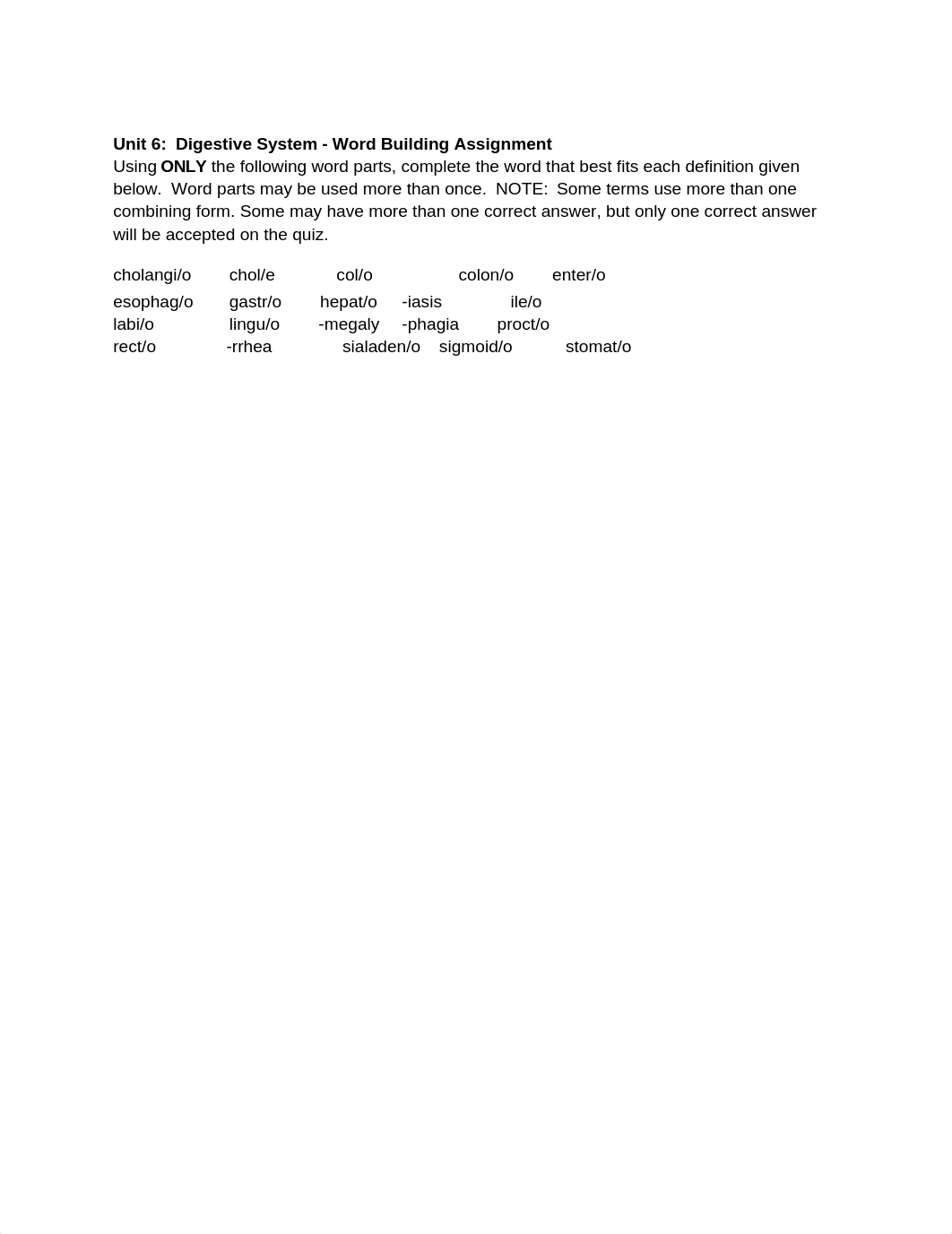 Unit 6:  Digestive System - Word Building Assignment_d0k79wbub2p_page1