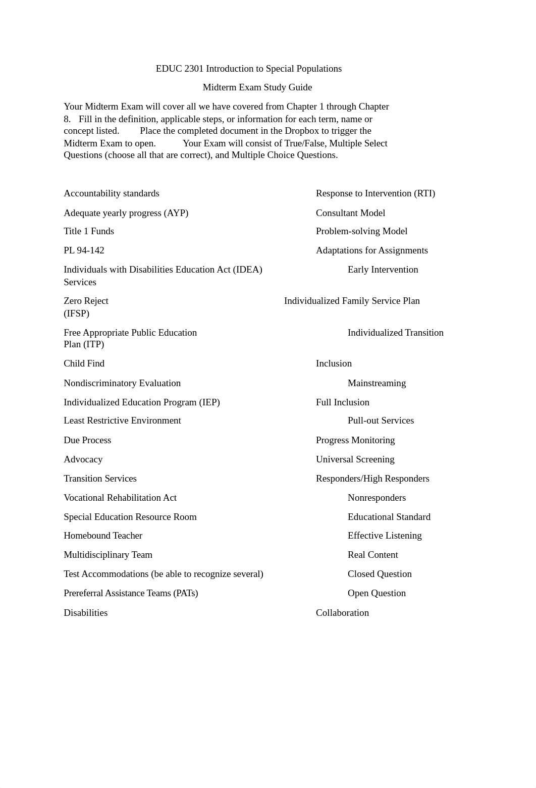 EDUC 2301 Introduction to Special Populations MidTerm Exam Study Guide (1).docx_d0k8pu2puhk_page1