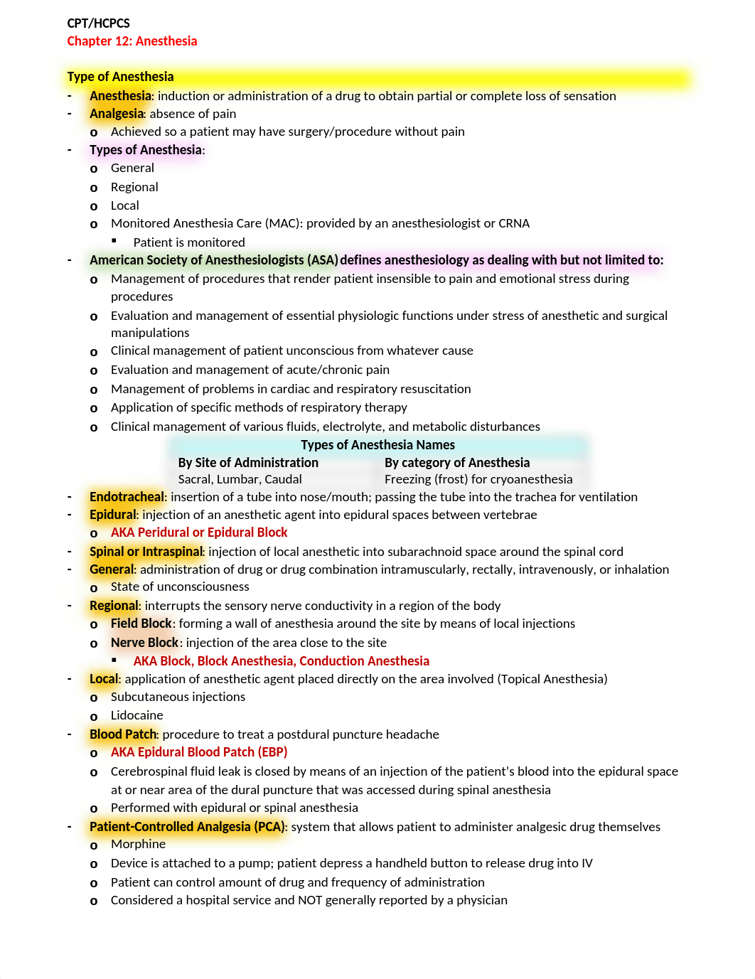 CPT-HCPCS Chapter 12 Notes - Anesthesia .docx_d0krashfw7w_page1