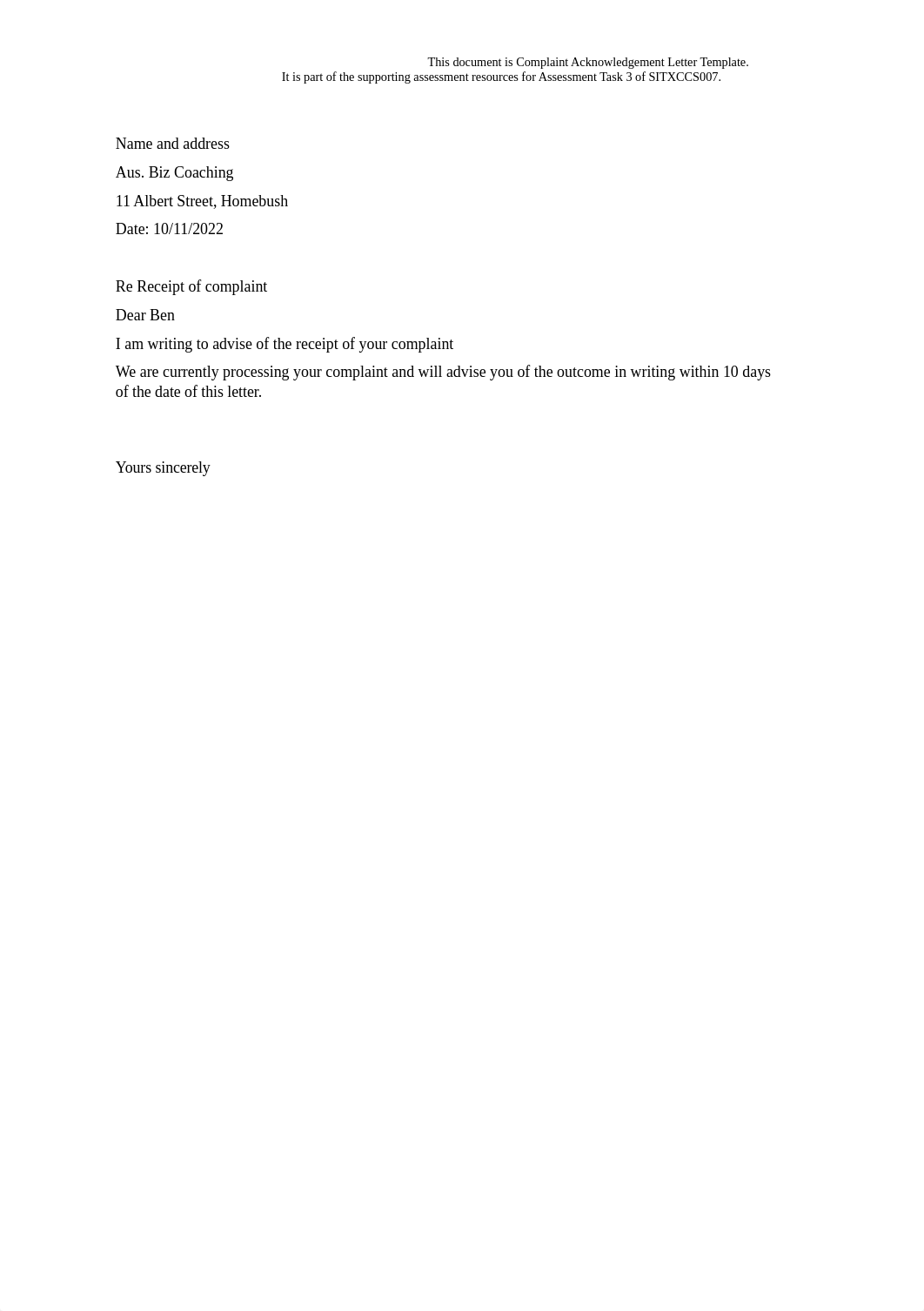 Complaint Acknowledgement Letter Template task 3- enhance customer service.docx_d0lui0dzz10_page1