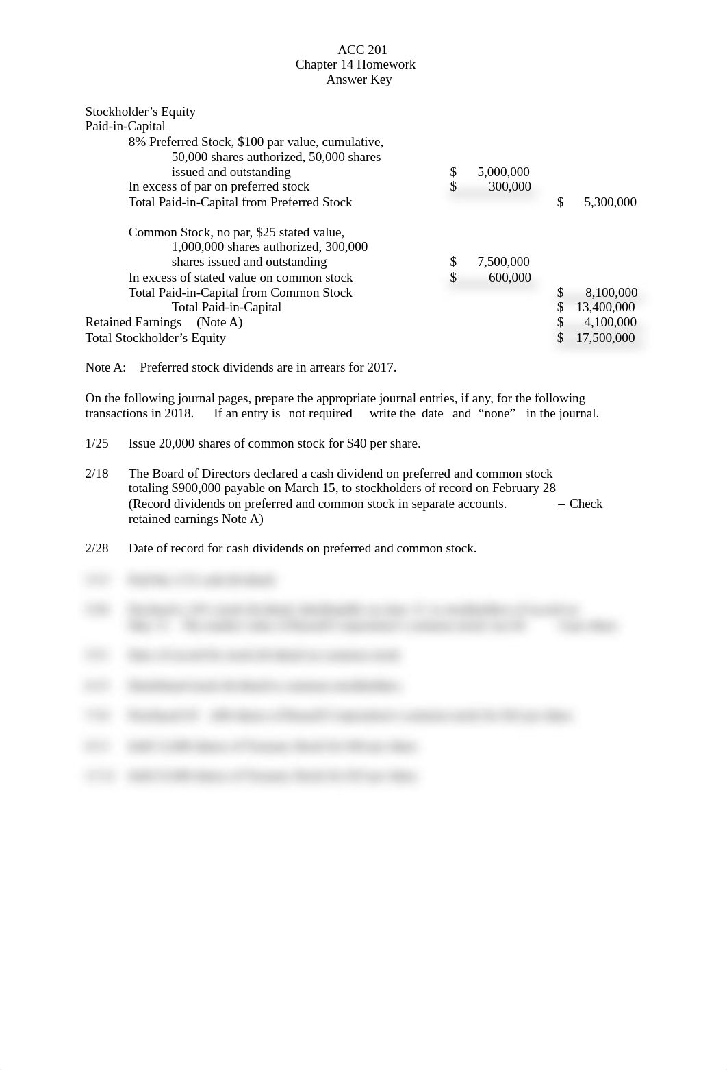 Chapter 14 Homework on Journal Entries, Common Stock and Preferred Stock Dividends Answer Key.pdf_d0natzn03ad_page1