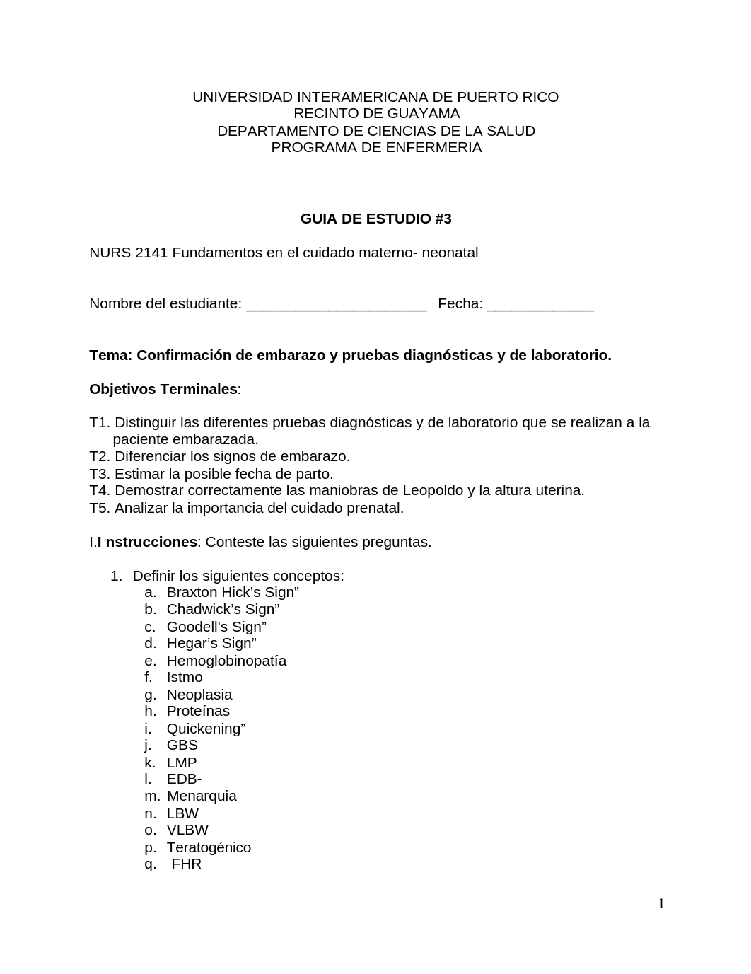 GUIA DE ESTUDIO #3  NURS 2141 CONFIRMACION DE EMBARAZO Y PRUEBAS DIAGNOSTICAS Y DE LABORATORIO.docx_d10dsdb8q4s_page1
