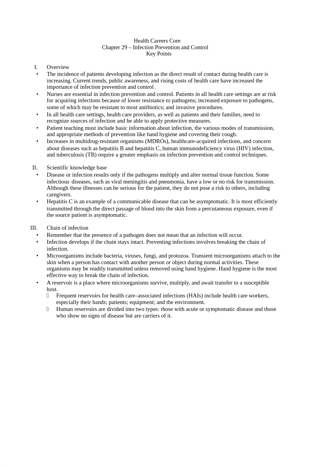 Final Exam - Key Points - Chapter 29  - Infection Prevention and Control.pdf_d10odla6a4y_page1