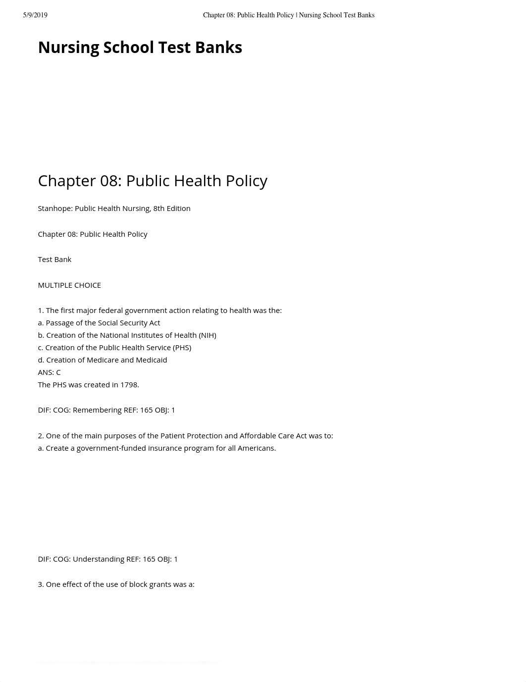 Chapter 08- Public Health Policy | Nursing School Test Banks.pdf_d133fv18dve_page1