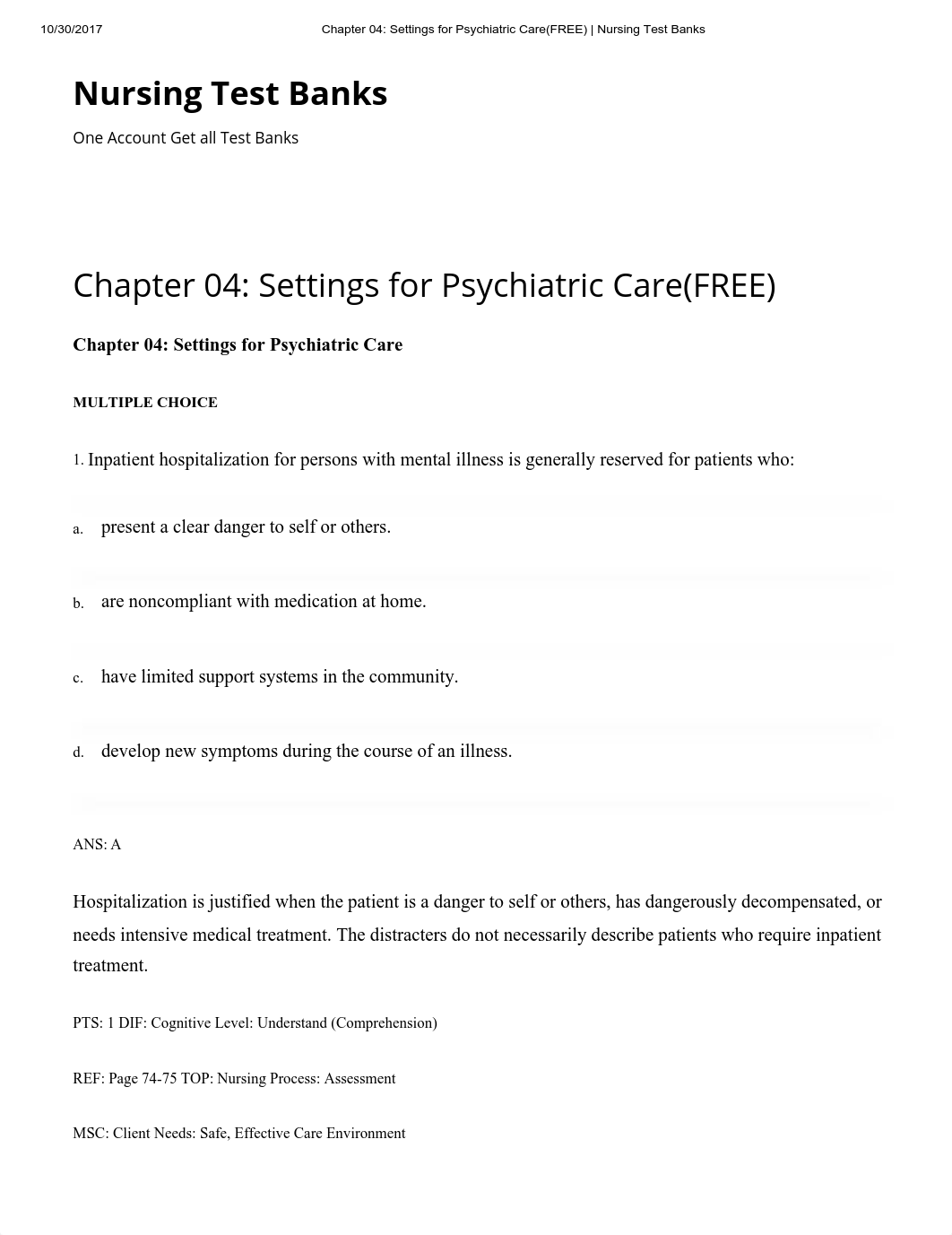 Chapter 04_ Settings for Psychiatric Care(FREE) _ Nursing Test Banks.pdf_d13vck0zoik_page1