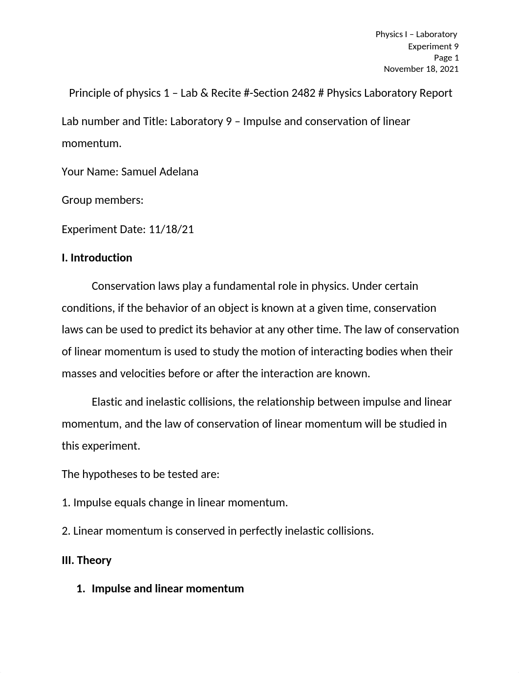 Physics I - Laboratory Experiment 9. Impulse and conservation of Linear Momentum.docx_d15r4w8fmh5_page1