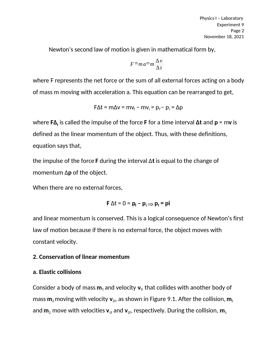 Physics I - Laboratory Experiment 9. Impulse and conservation of Linear Momentum.docx_d15r4w8fmh5_page2