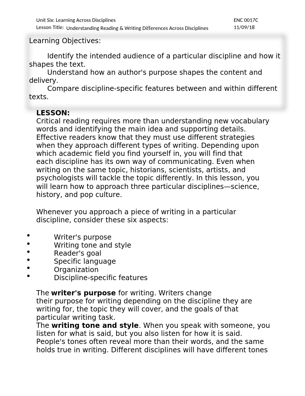 Understanding Reading & Writing Differences Across disciplines.docx_d17sxqce06k_page1