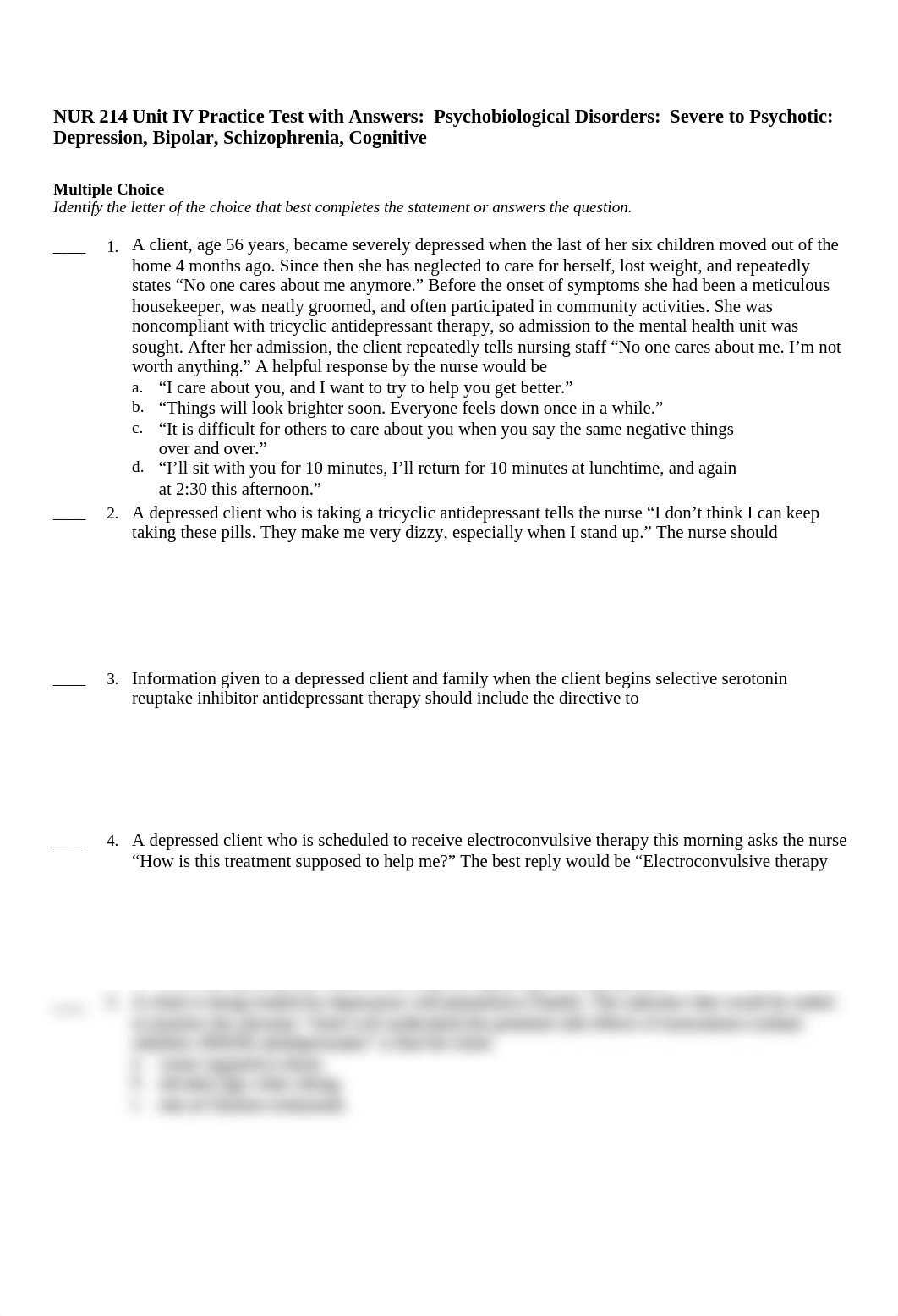 NUR 214 Mental Health Unit IV Practice Test and Answers 64 Questions  Revised 2020.docx_d1bxb3xpd1o_page1