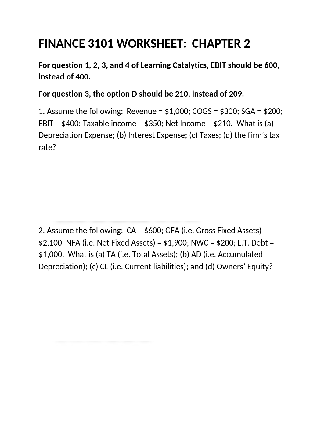 Worksheets Finance 3101 Chapters 2,10,11,9 with answers_d1czog49gv5_page1