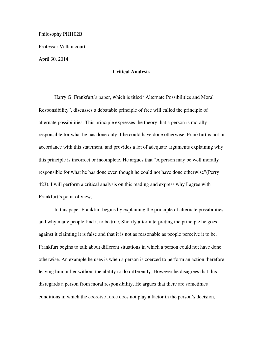 PHIL102: Critical Analysis of Harry G. Frankfurt's paper, which is titled "Alternate Possibilities a_d1emow0t5gd_page1