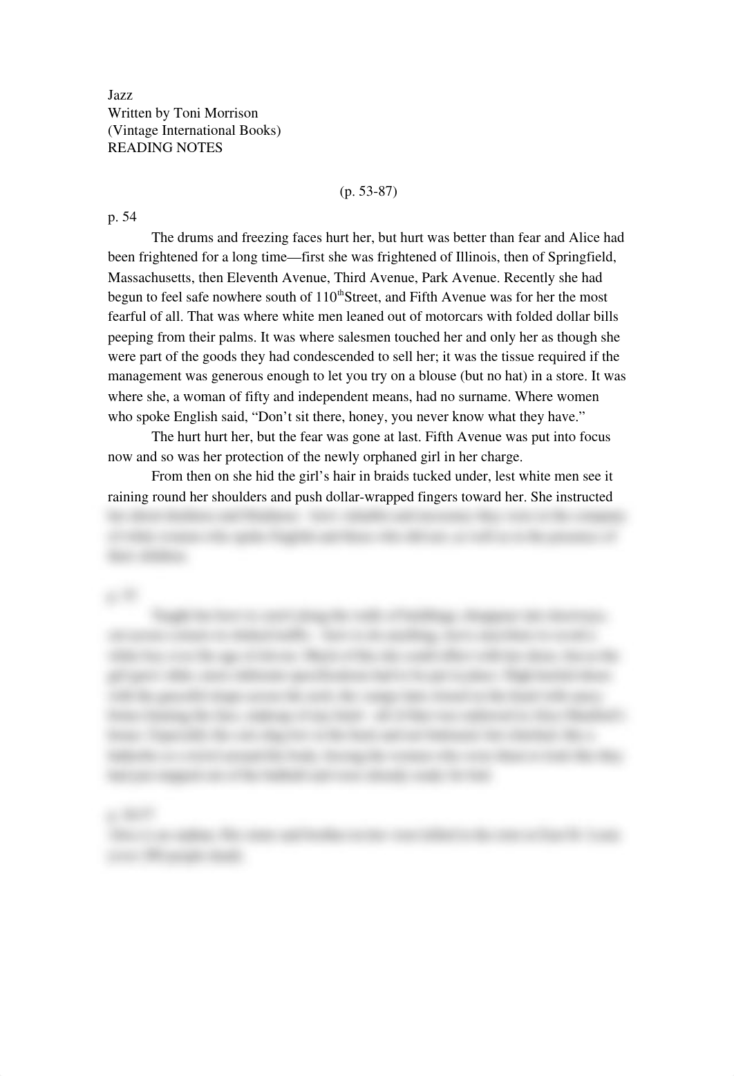 Jazz By Toni Morrison Reading Notes Pages 53-87_d1f2azzpa0l_page1