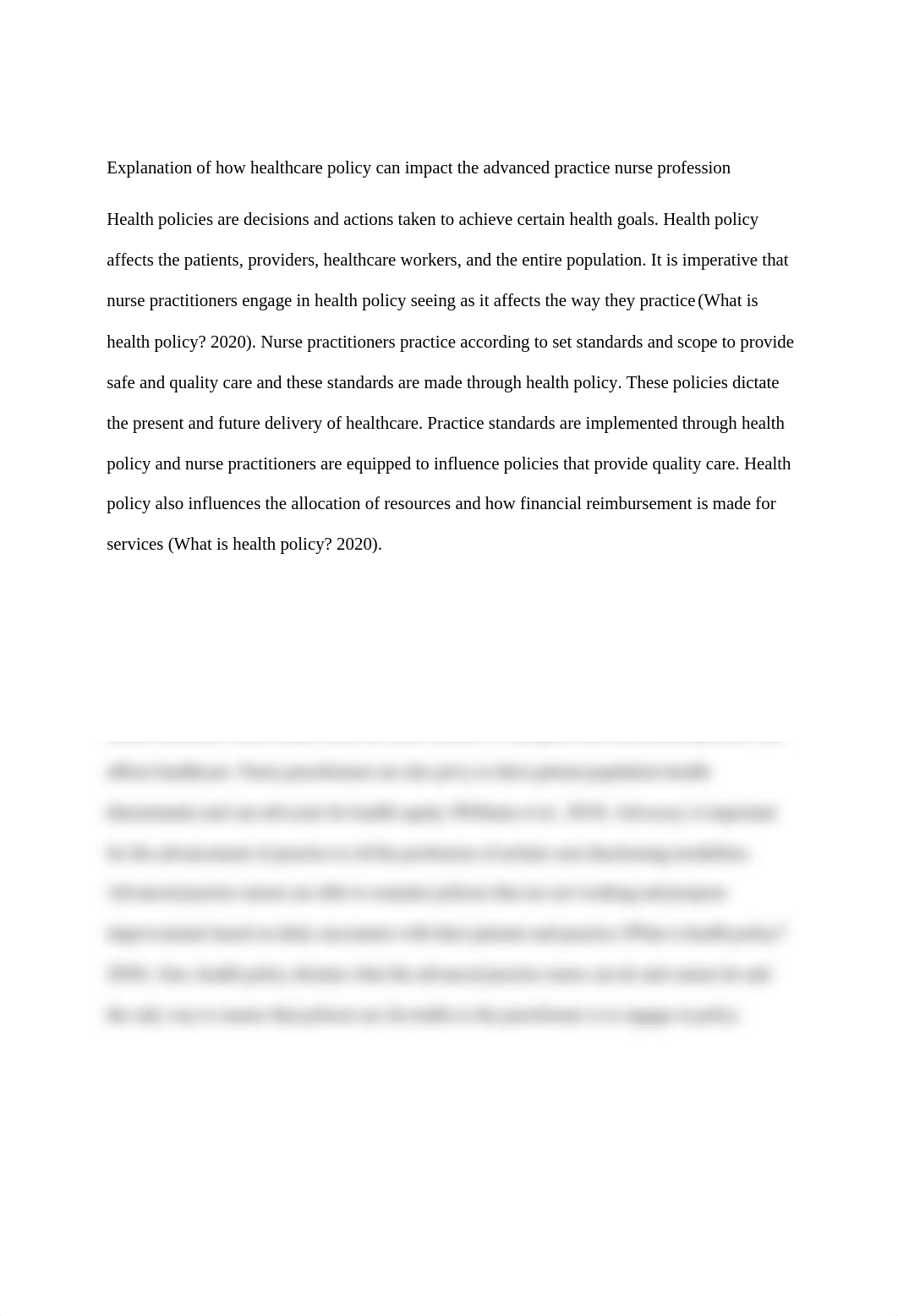 Explanation of how healthcare policy can impact the advanced practice nurse profession.docx_d1geeklf6fs_page1