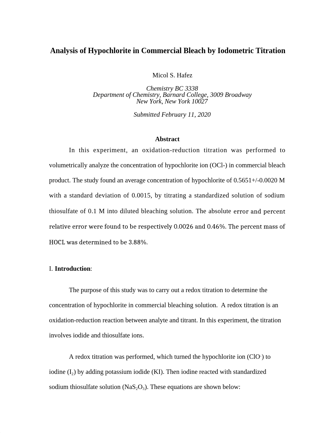 Analysis of Hypochlorite in Commercial Bleach by Iodometric Titration.docx_d1gopzhv5vn_page1