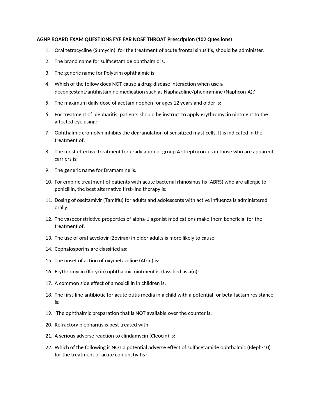 AGNP BOARD EXAM QUESTIONS EYE EAR NOSE THROAT PrescriptionQnsssssssssssss.docx_d1jehv1po0c_page1