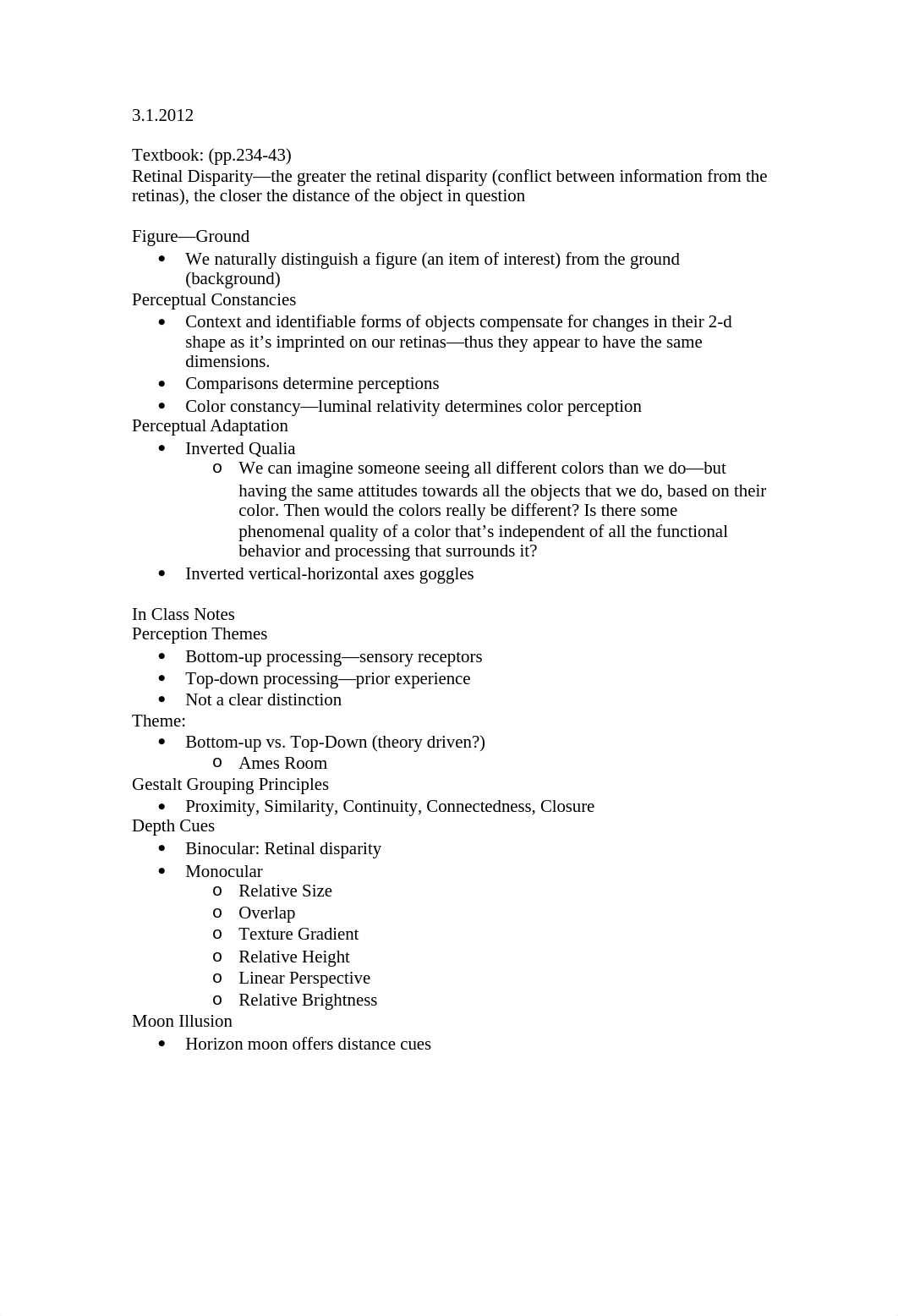 Introduction to Psychology - Perceptual Constancies, Perceptual Adaptation Notes_d1lzsihrgjq_page1