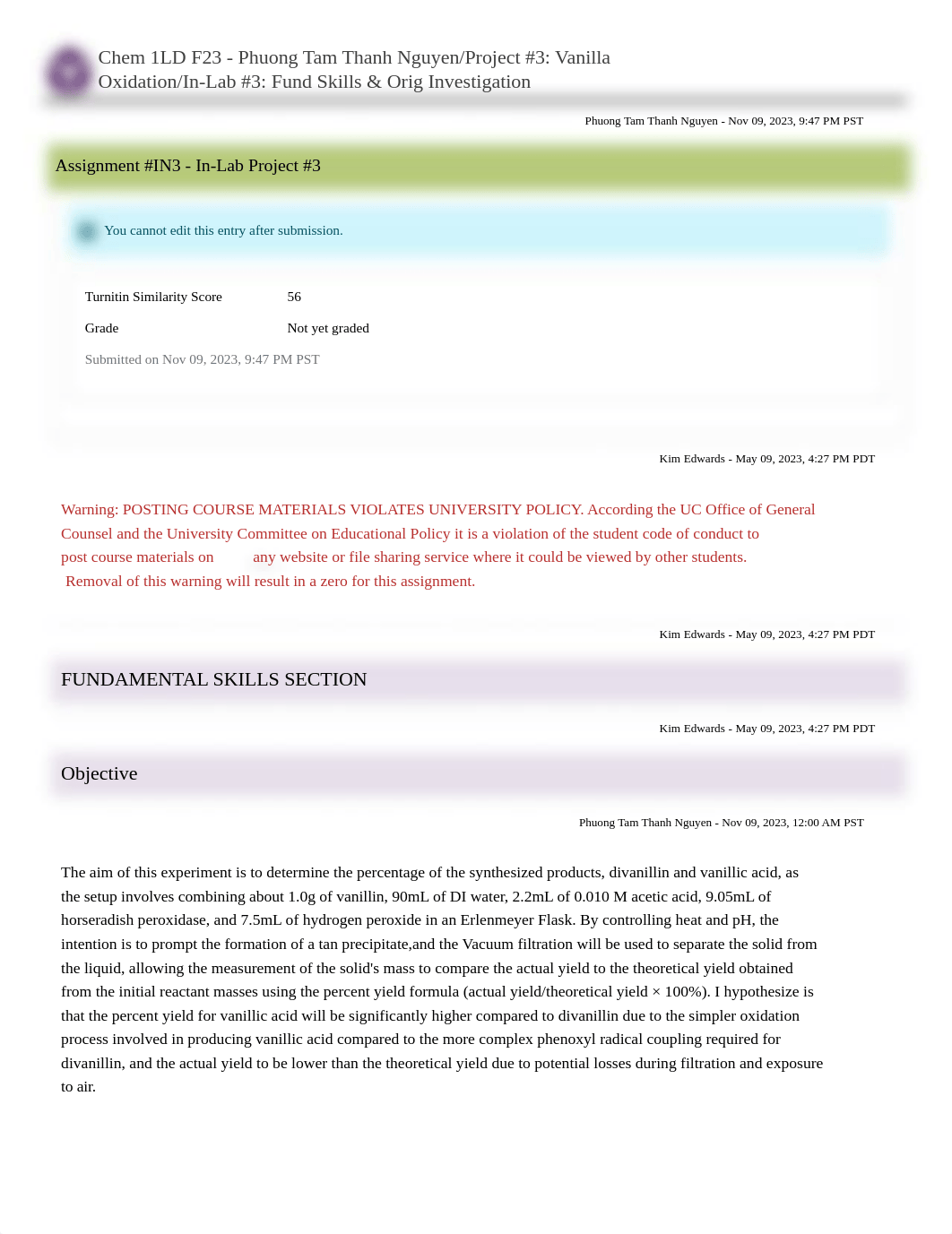 Chem 1LD F23 - Phuong Tam Thanh Nguyen_Project #3_ Vanilla Oxidation_In-Lab #3_ Fund Skills & Orig I_d1m1oosakd7_page1