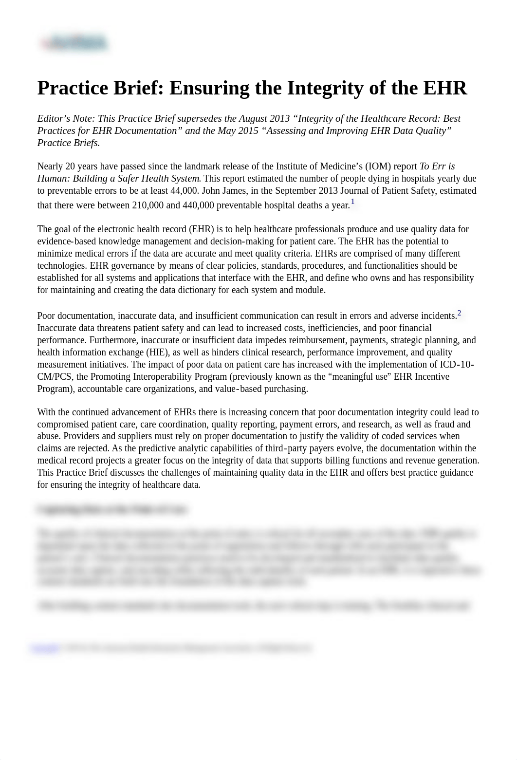 AHIMA Practice Brief_ Ensuring the Integrity of the EHR.pdf_d1mayyrvric_page1