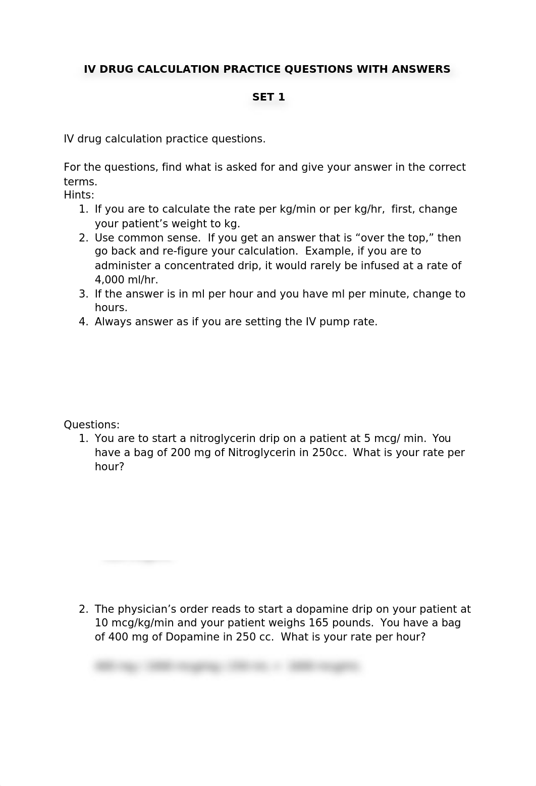 NURSING 258 FALL 2013 IV DRUG CALCULATIONS SET 1 WITH ANSWERS (1).docx_d1oaxwlmmzl_page1