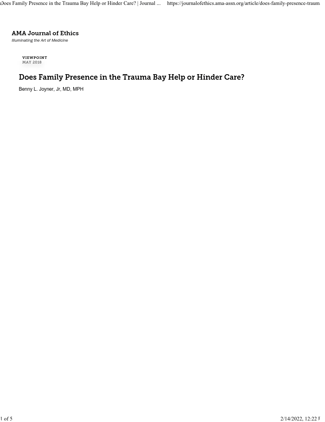 Does Family Presence in the Trauma Bay Help or Hinder Care Journal of Ethics American Medical Associ_d1obec155z2_page1