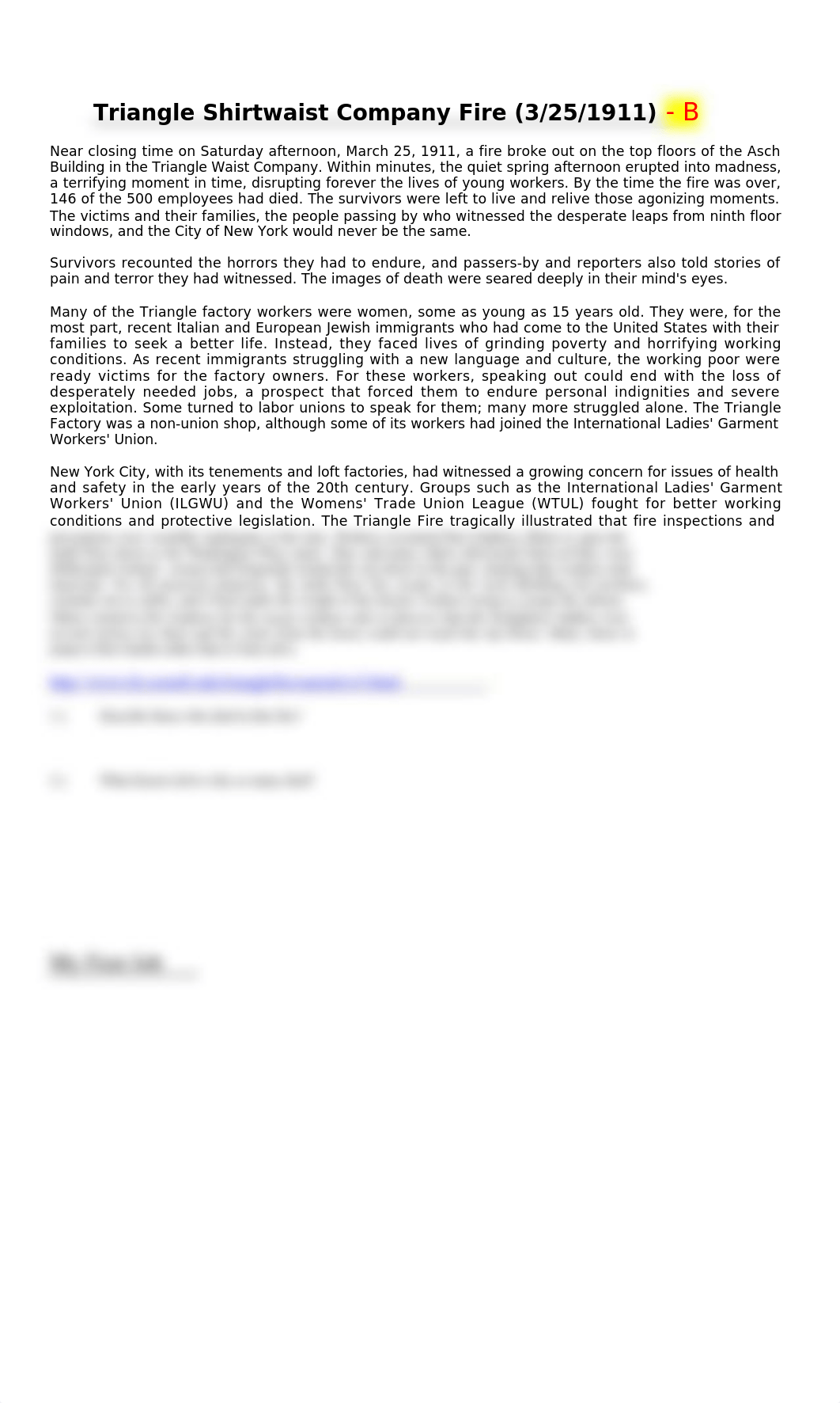 1.1 Triangle Shirtwaist Company Fire - B (Cause, Survivor and workers).docx_d1phldku7lq_page1