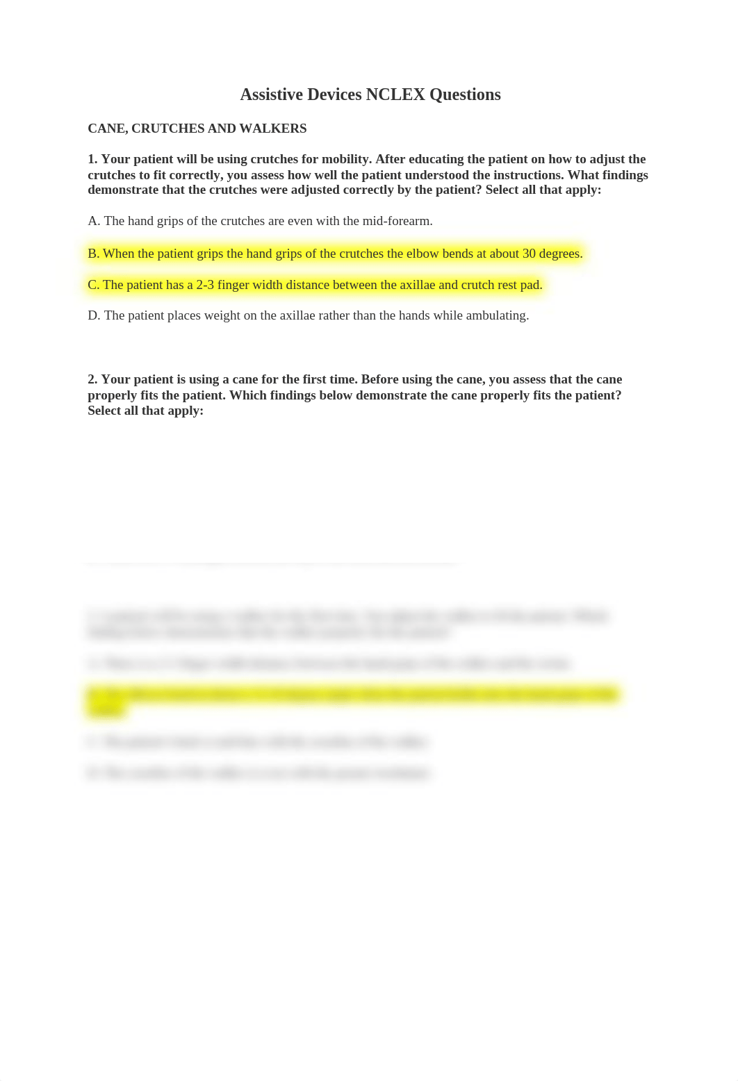 Assistive Devices NCLEX Questions, CANE, (CRUTCHES AND WALKERS).docx_d1pz0z0p3wm_page1