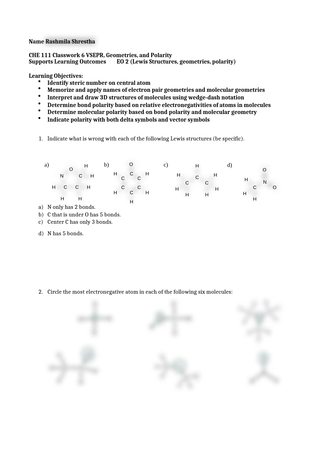 CHE 111 Classwork 06 VSEPR, Geometries, and Polarity 2020.docx_d1s87vu5qv6_page1