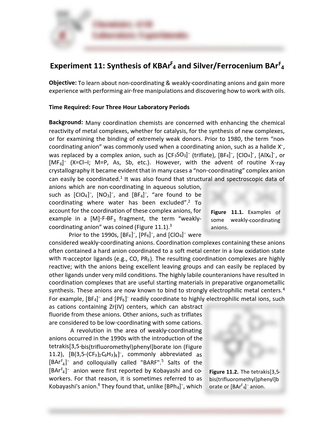 Chem 410, Experiment 11 - Synthesis of KBArF4 and FcBArF4.pdf_d1tm5l37ksl_page1