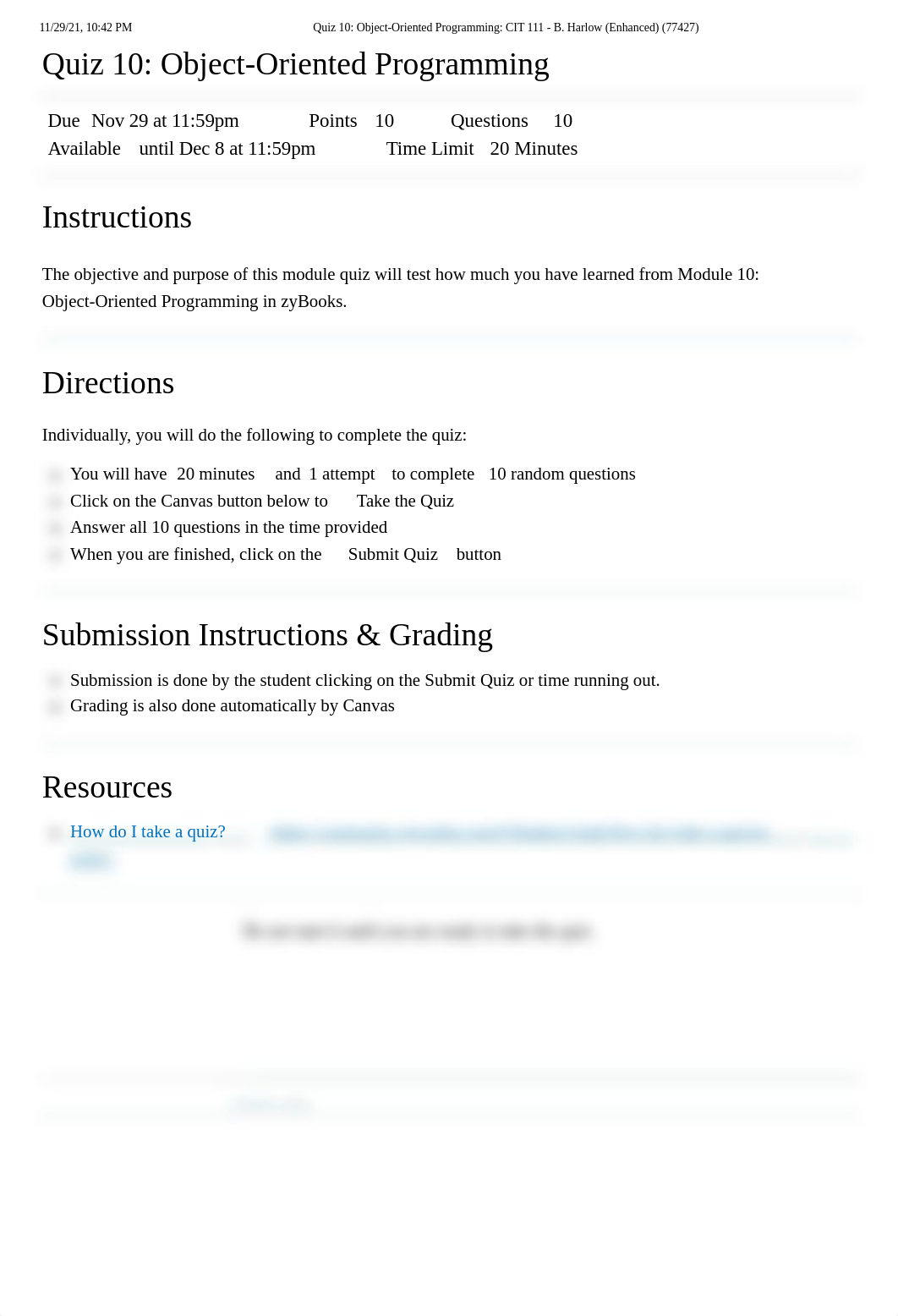 Quiz 10_ Object-Oriented Programming_ CIT 111 - B. Harlow (Enhanced) (77427).pdf_d1u0hmd73sd_page1