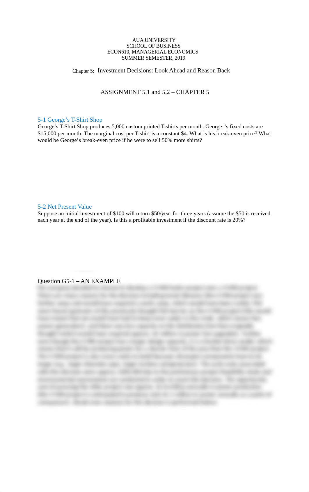 AUA - ECON 610 - SOLUTIONS ASSIGNMENT 5.1 and 5.2 and G5-1 - CHAPTER 5 - SUMMER 2019.docx_d1und69j8et_page1