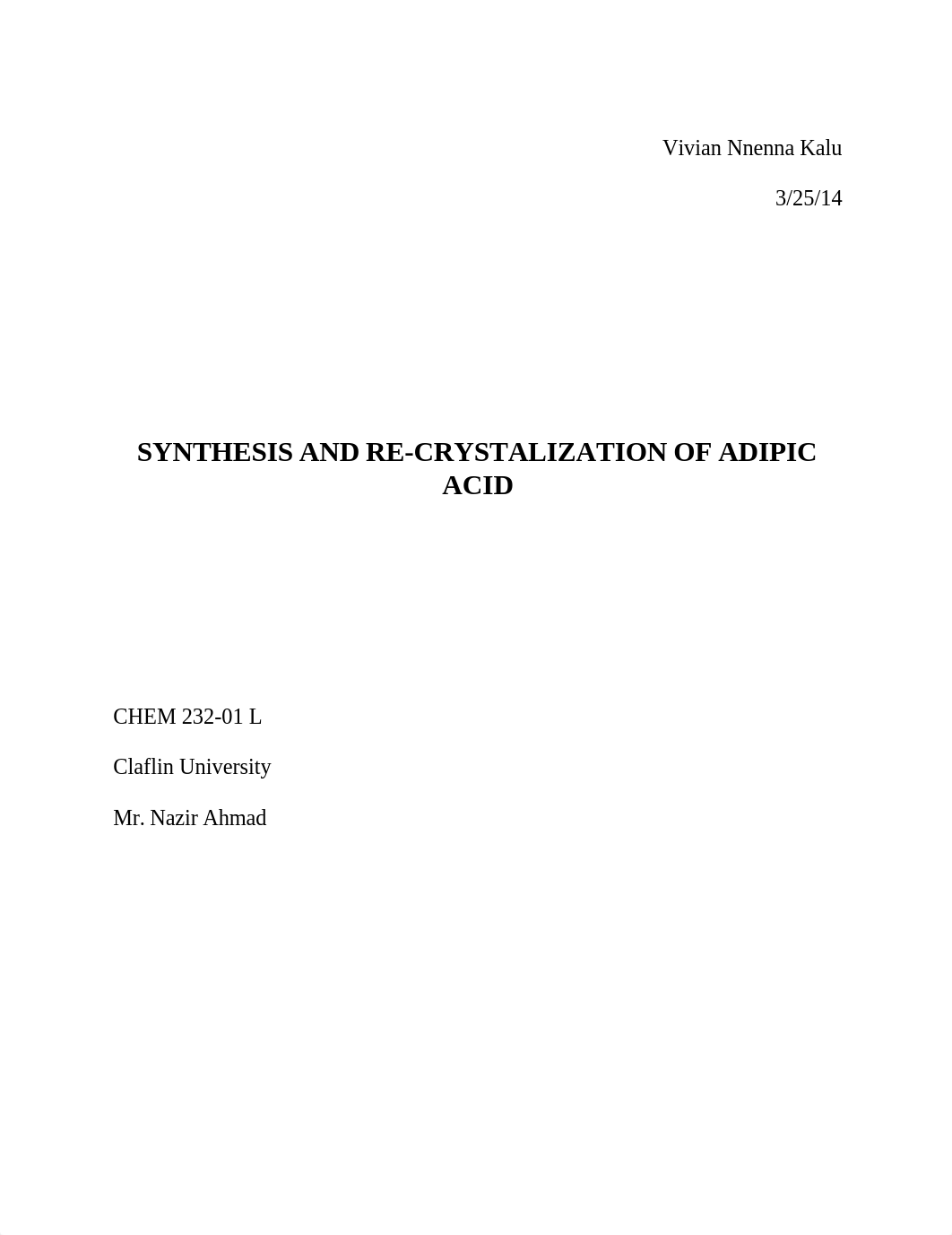 SYNTHESIS AND RE-CRYSTALIZATION OF ADIPIC ACID_d1uskzop7rn_page1