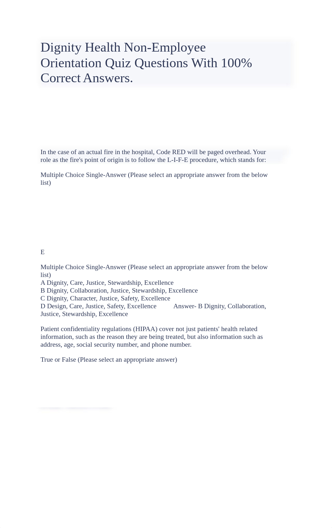 Dignity Health Non-Employee Orientation Quiz Questions With 100% Correct Answers.docx_d1vakzckcu4_page1