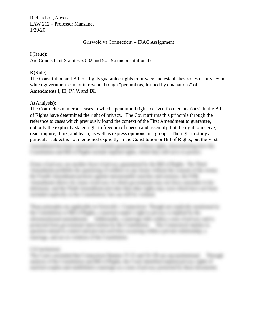 1.22.20 Griswold v. Connecticut IRAC.docx_d1wrz429uta_page1