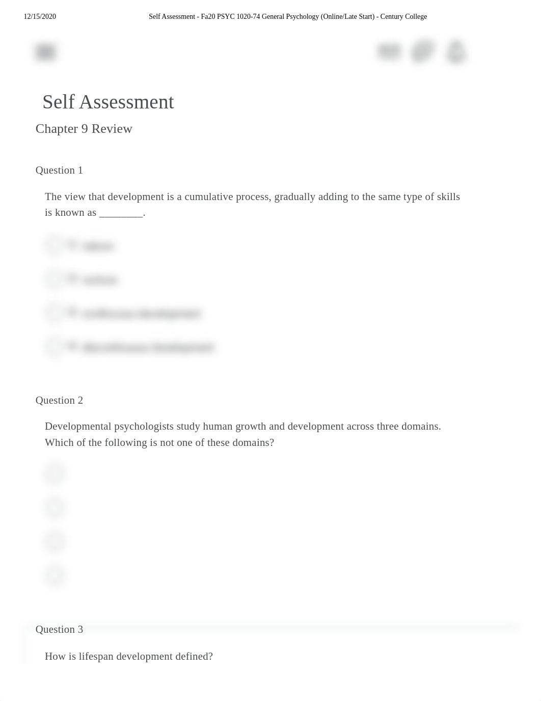 Self Assessment Ch9- Fa20 PSYC 1020-74 General Psychology (Online_Late Start) - Century College.pdf_d1z9dhnth3v_page1