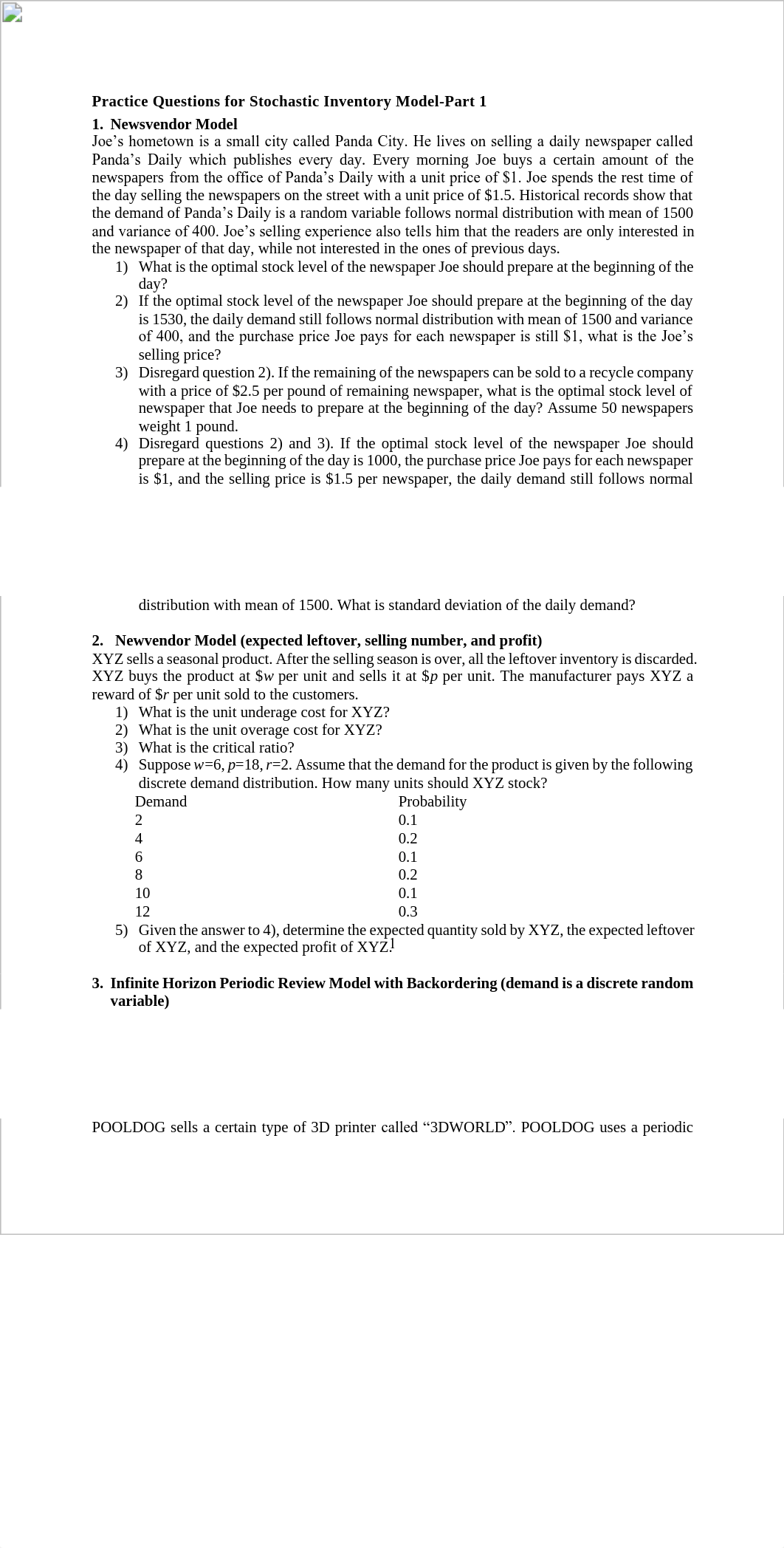 6. Stochastic Inventory Model-1 Practice Problems.pdf_d1zsdearzot_page1