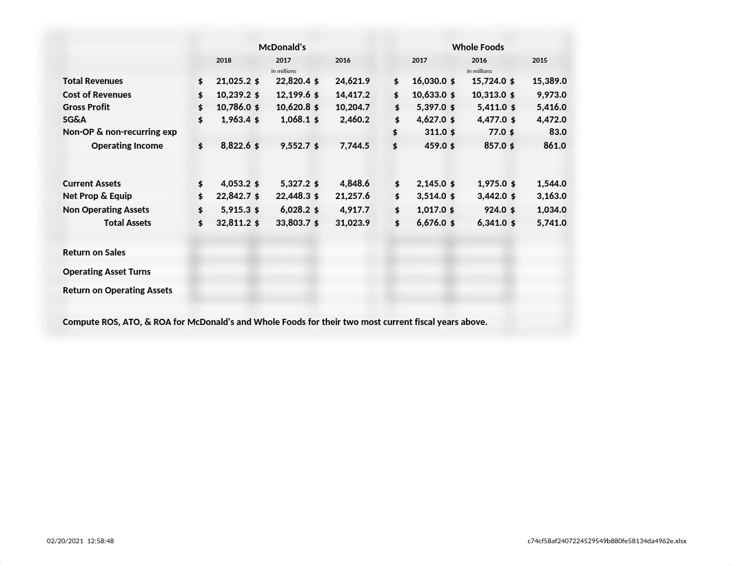 Midterm Exam 1 DuPont Practice Problem, McDonald vs Whole Foods - Solution, v(3.0).xlsx_d20sw5wu6xa_page1