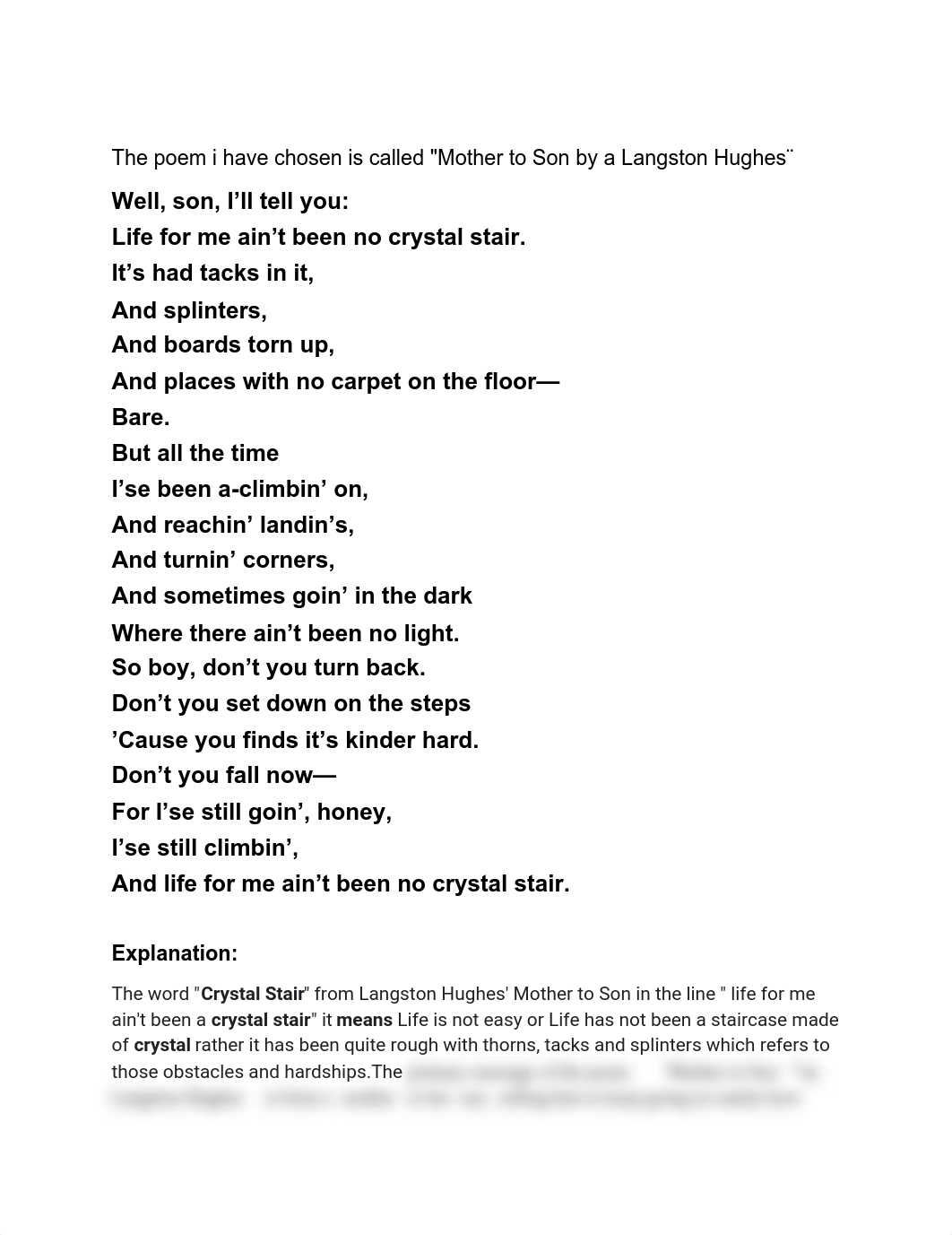 The poem i have chosen is called _Mother to Son by a Langston Hughes¨by WUJUUDAT BALOGUN (1).pdf_d211la8gr63_page1