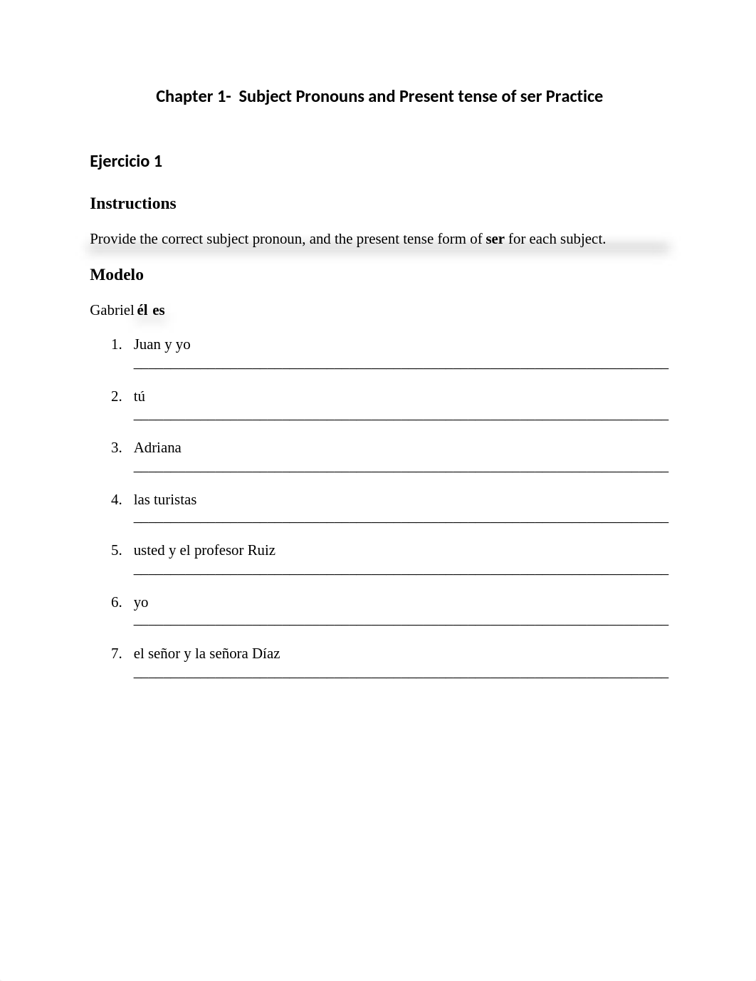 Spanish 101 - Chapter 1 - Subject Pronouns and the Present tense of ser Practice.docx_d232ol5g9u4_page1