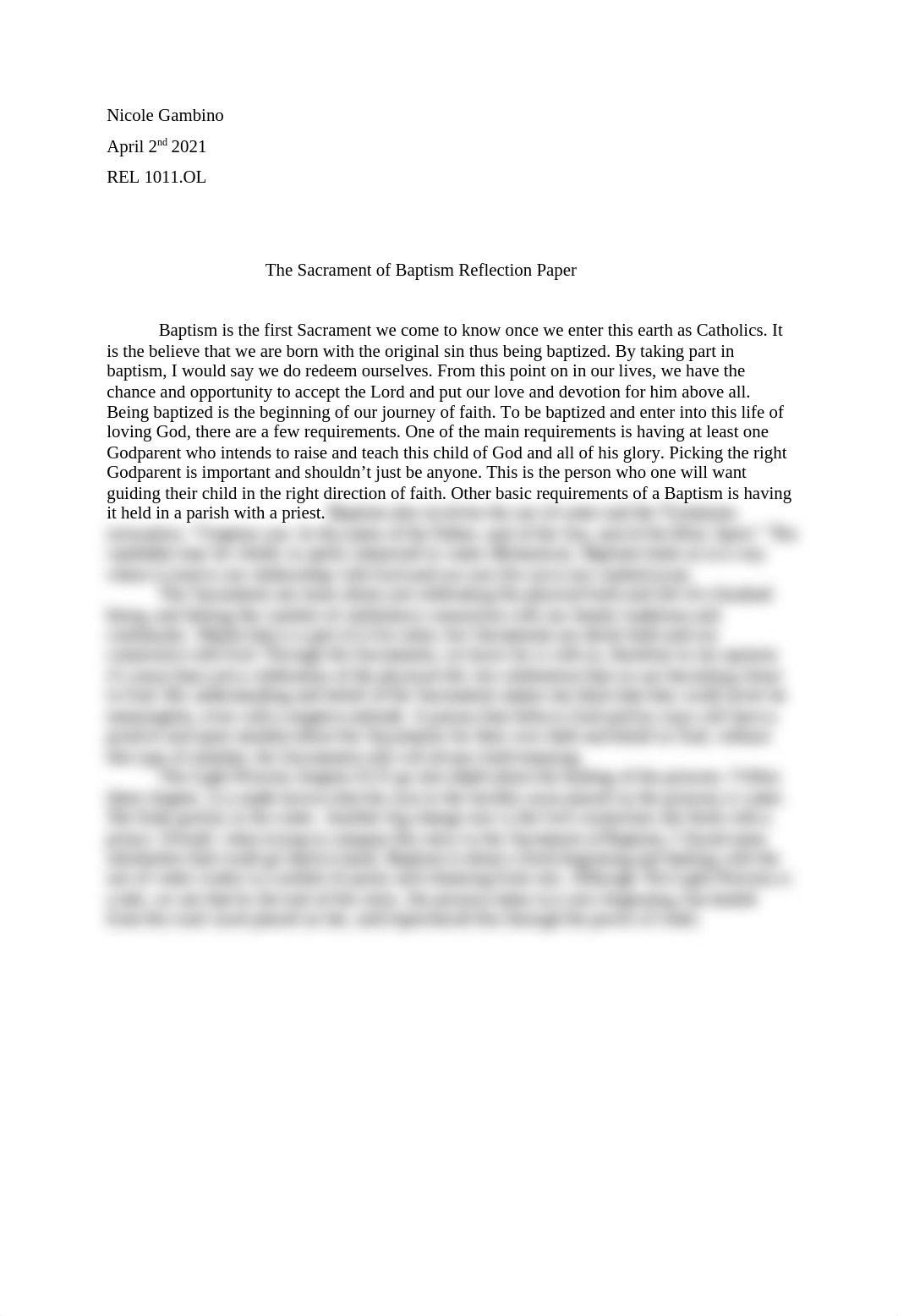 The Sacrament of Baptism Reflection Paper.docx_d252m5ermjt_page1